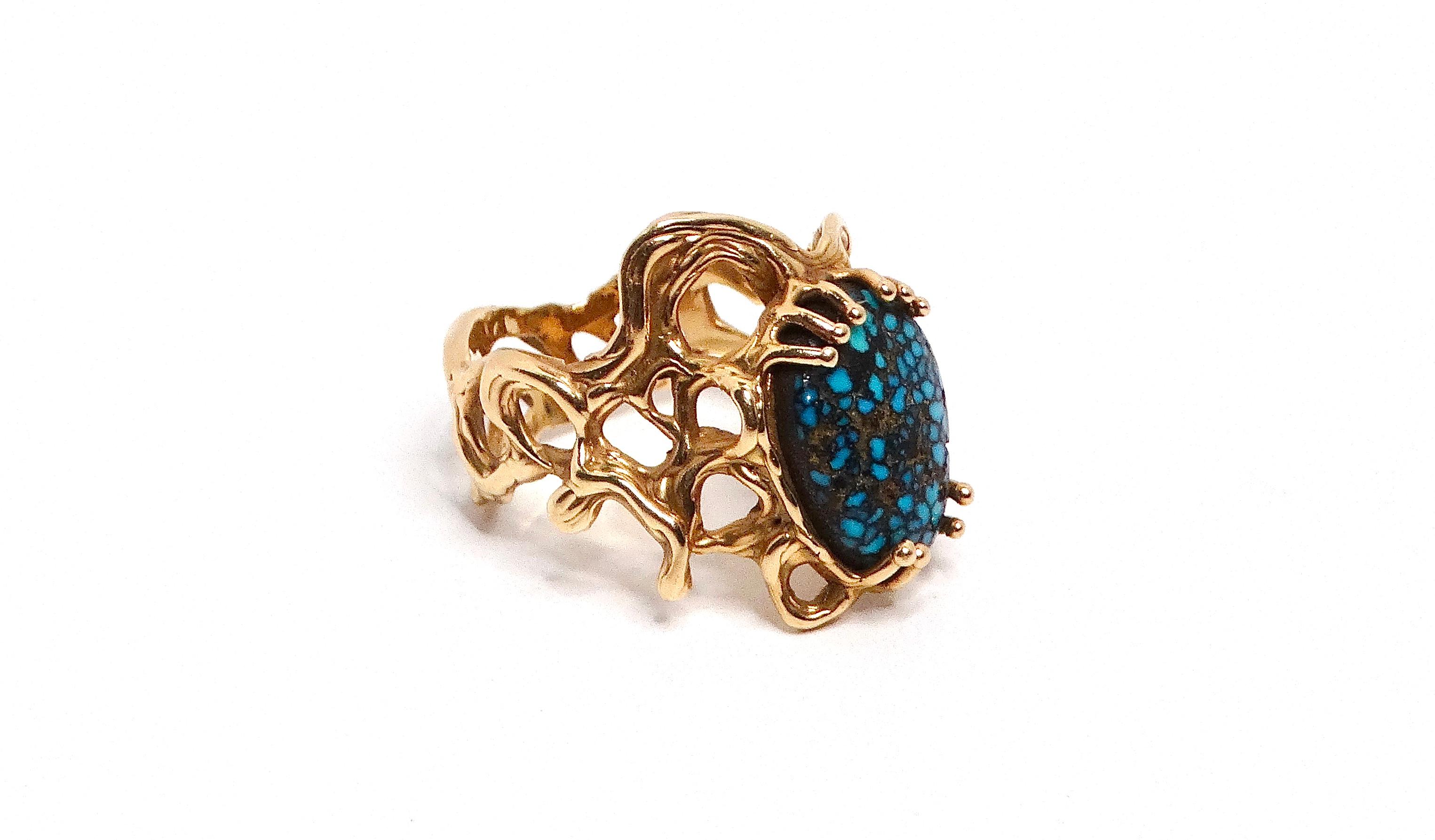 Spider Web Turquoise 14k Gold Ring For Sale 3