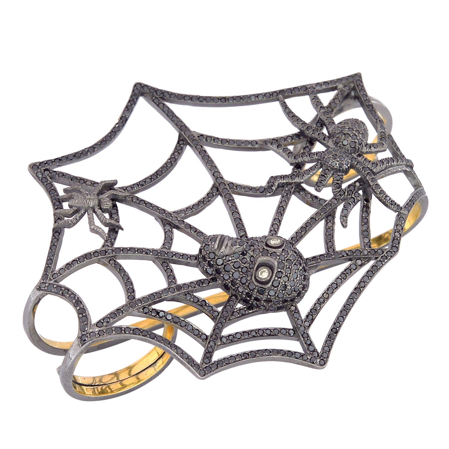 Mixed Cut Spider Web with Skull & Spider Concept in Pave Diamonds Four Finger Ring For Sale