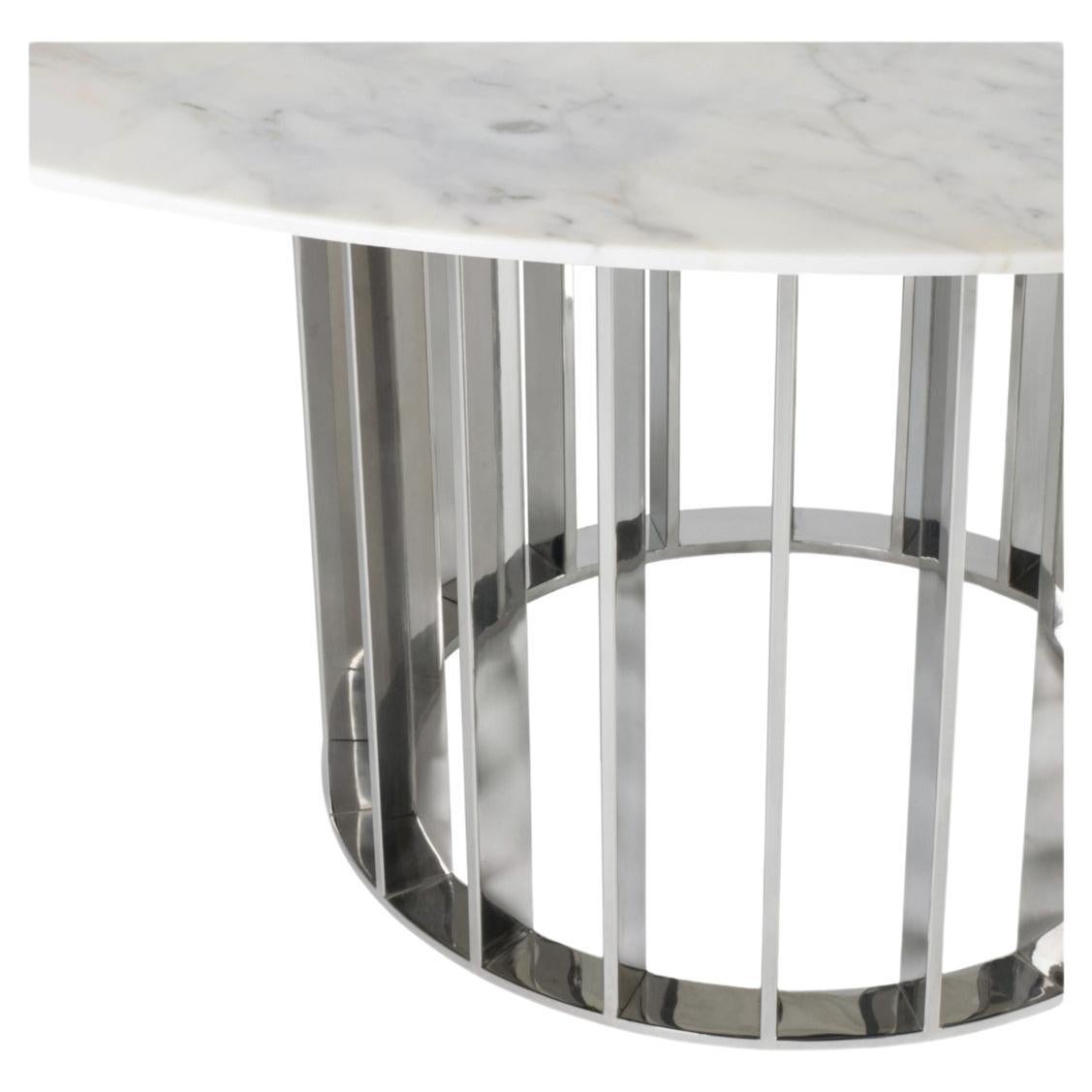 This unique dining table uses gorgeous Spiderman marble top and elegant and modern Gold titanium stainless steel base uses the repetition of metal stripes to bring rhythm to the base. Its design is simple but full of grace and WOW factor.