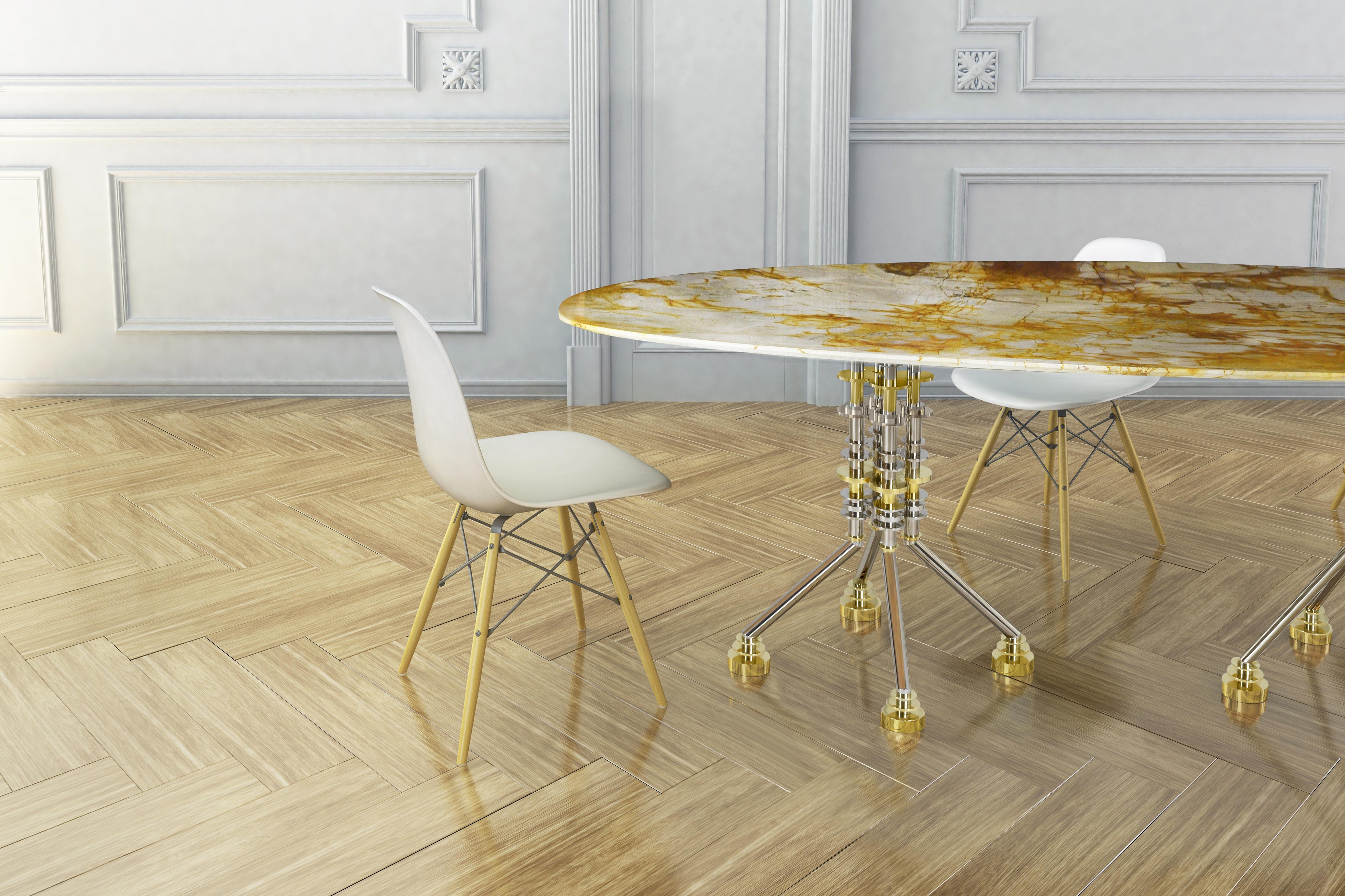 Portuguese Spiderman Marble Staineless Steel and Brass Dining or Conference Table For Sale