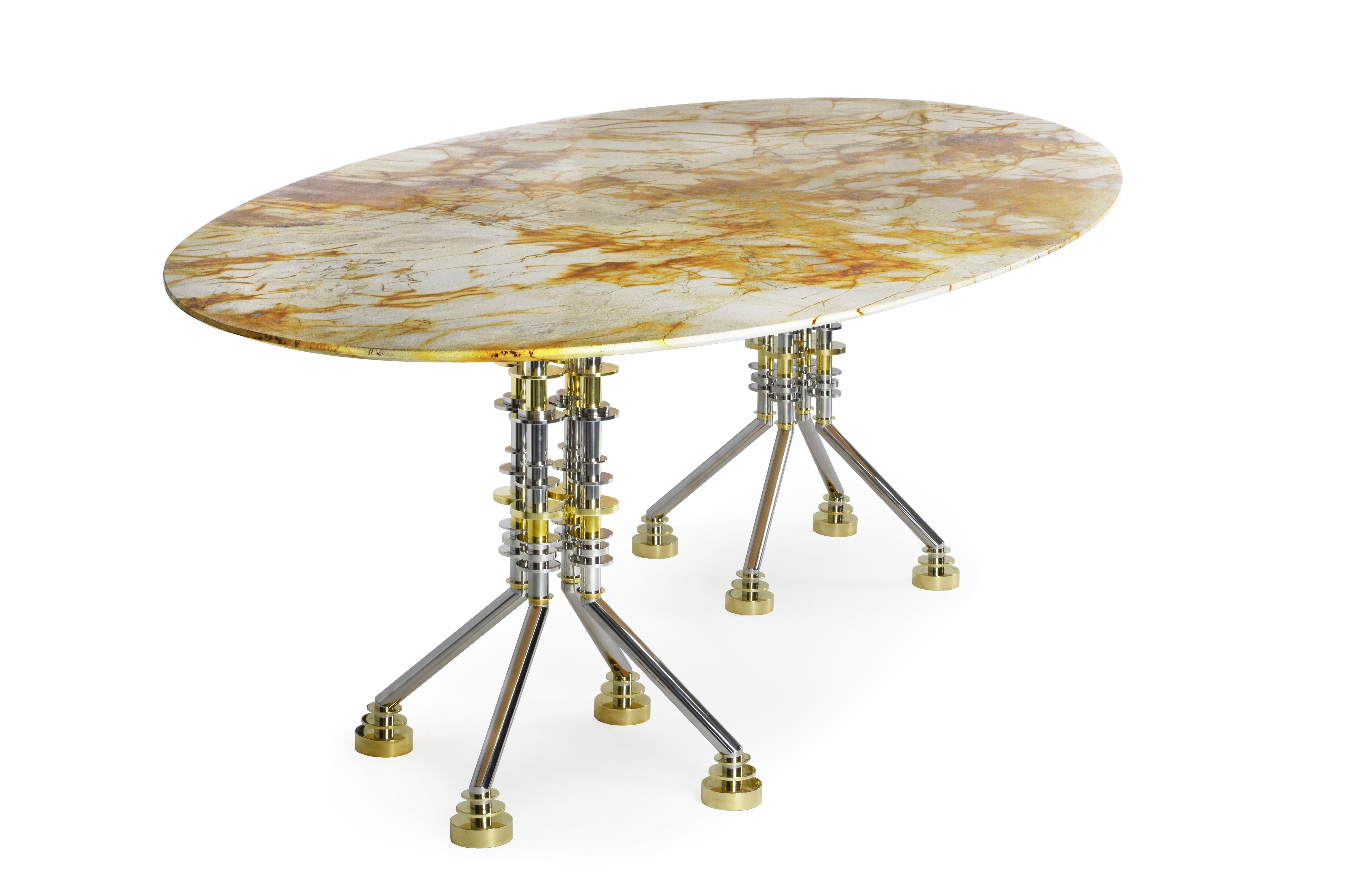 Spiderman Marble Staineless Steel and Brass Dining or Conference Table In New Condition For Sale In Paris, FR