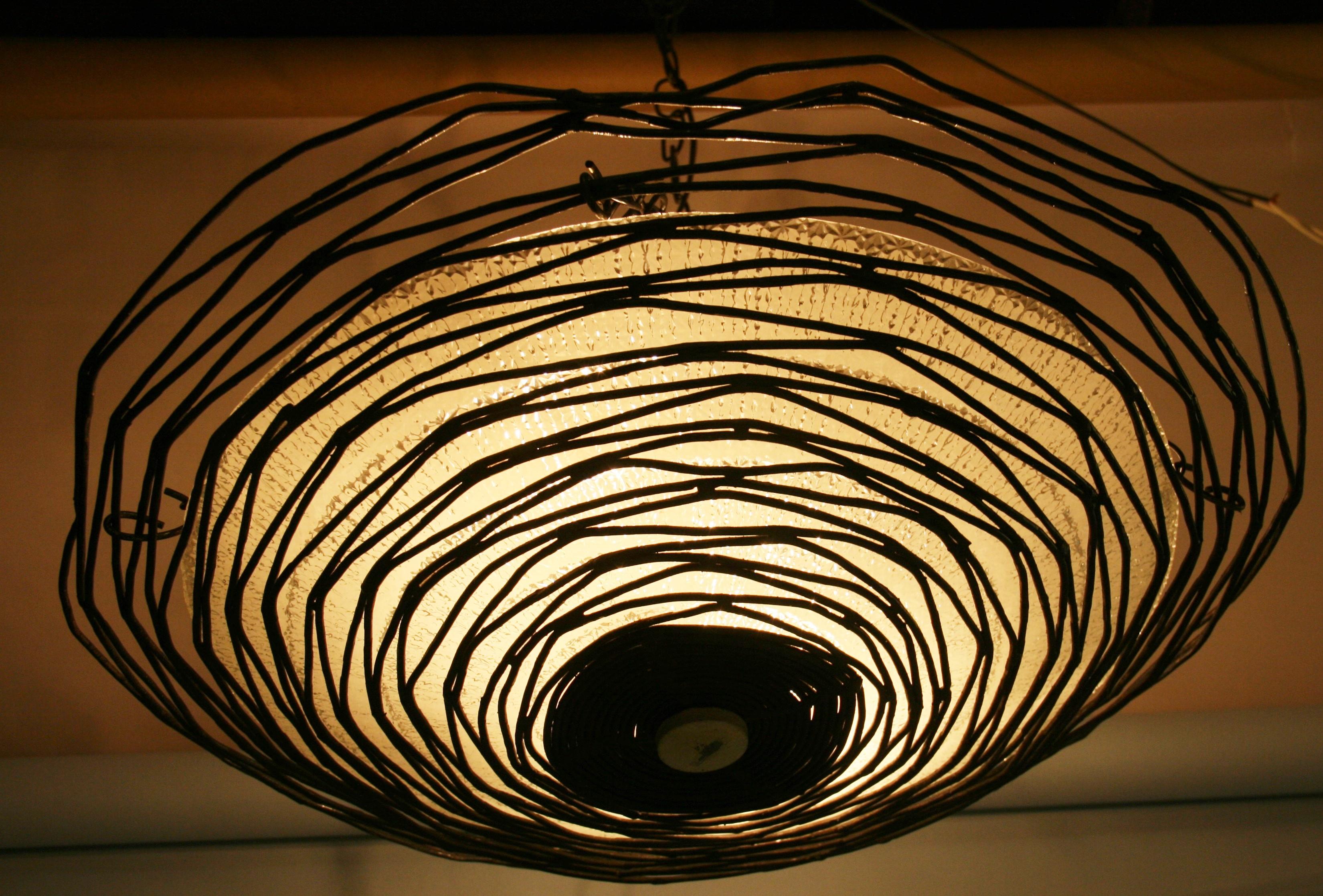 Spiders Web Metal and Glass Pendant Light In Good Condition For Sale In Douglas Manor, NY