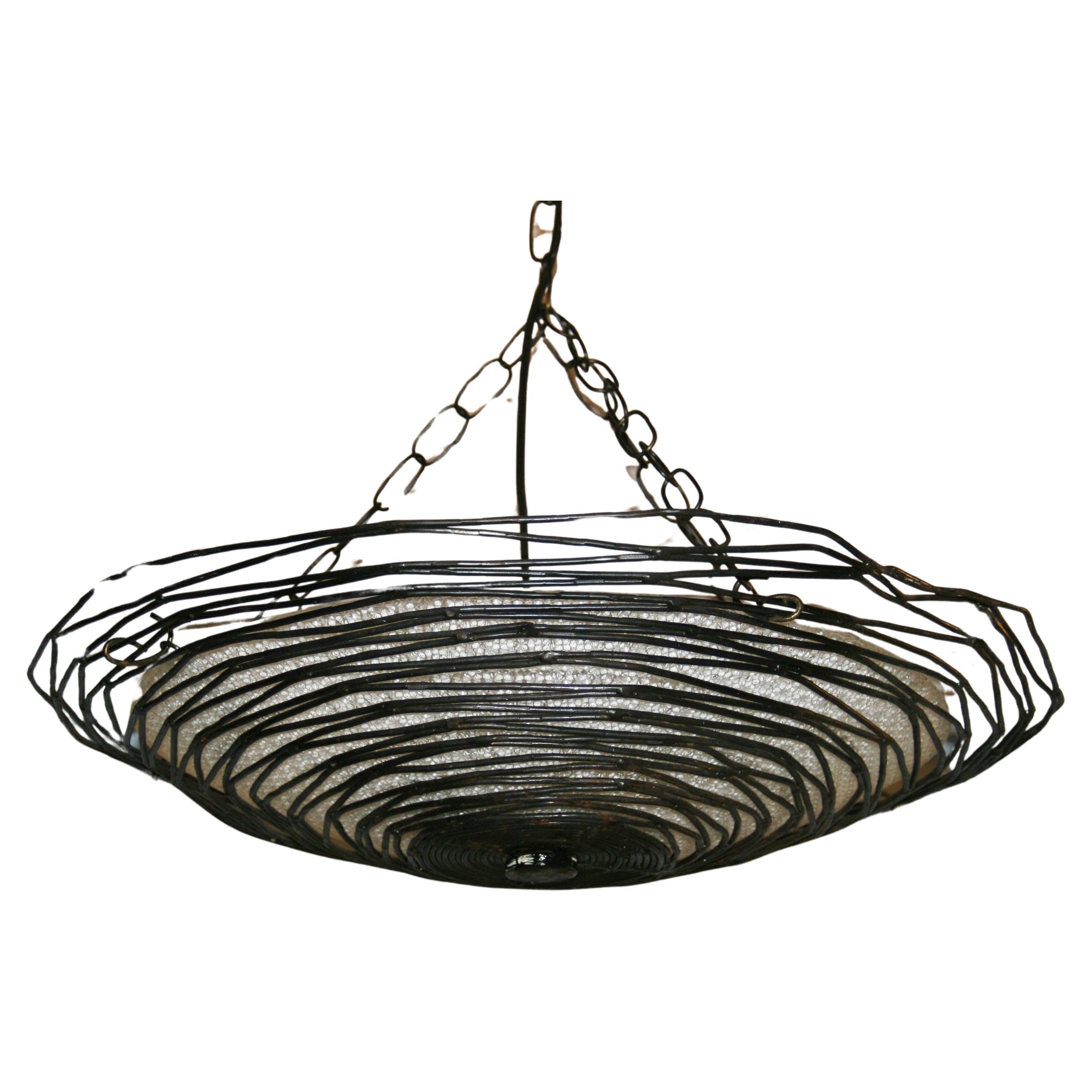 Spiders Web Metal and Glass Pendant Light For Sale