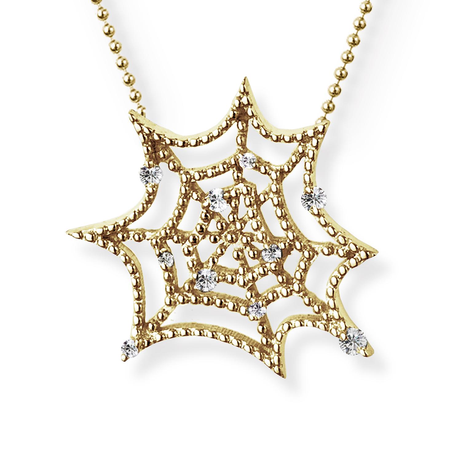 Discover the captivating Spiderweb Necklace in Yellow Gold Plating with White Sapphires. This limited edition piece beautifully captures the delicate and luminous nature of a spider's web—a finely crafted home and an irresistible trap.

The necklace