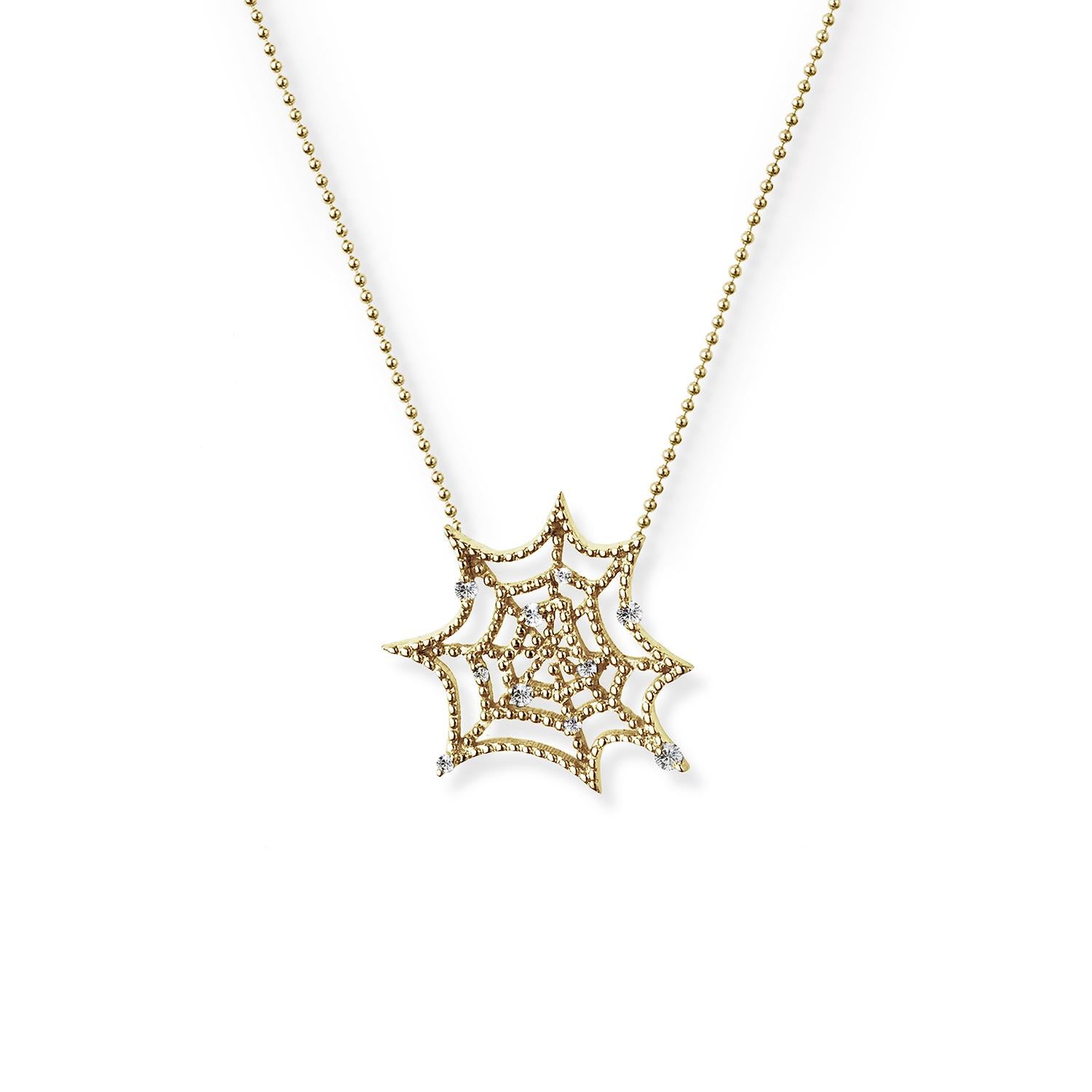 Artist JHERWITT White Sapphires 14k Yellow Gold Plated Spiderweb Pendant Necklace For Sale