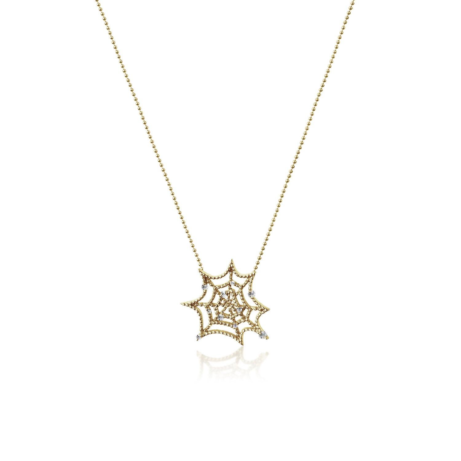 Brilliant Cut JHERWITT White Sapphires 14k Yellow Gold Plated Spiderweb Pendant Necklace For Sale
