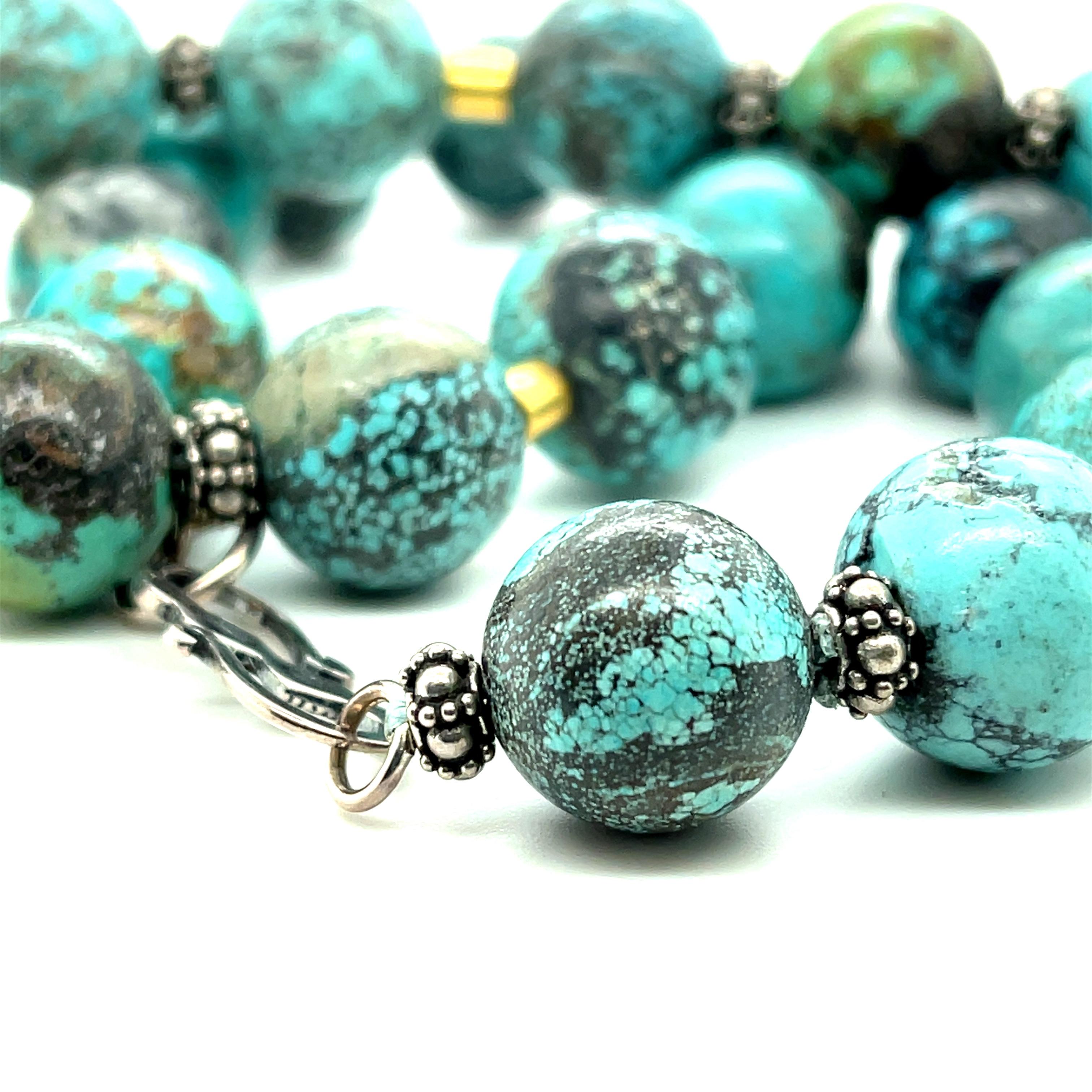 Artisan Spiderweb Turquoise Beaded Necklace with 18k Gold and Sterling Silver Accents For Sale