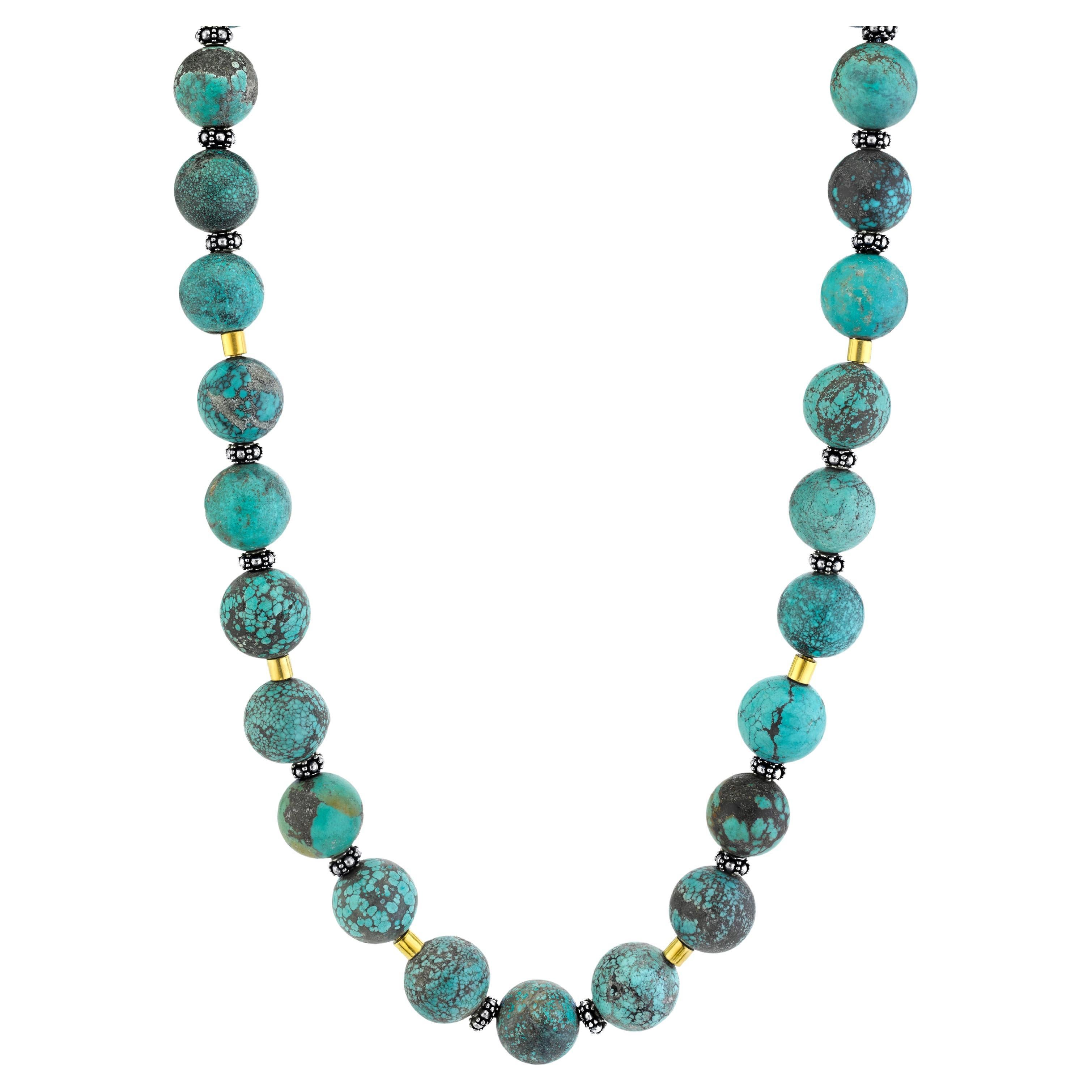 Spiderweb Turquoise Beaded Necklace with 18k Gold and Sterling Silver Accents