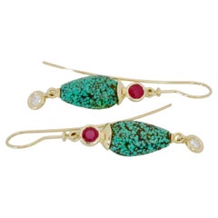 Spiderweb Turquoise Drop Earrings with Rubies and Diamonds in 14k Yellow Gold