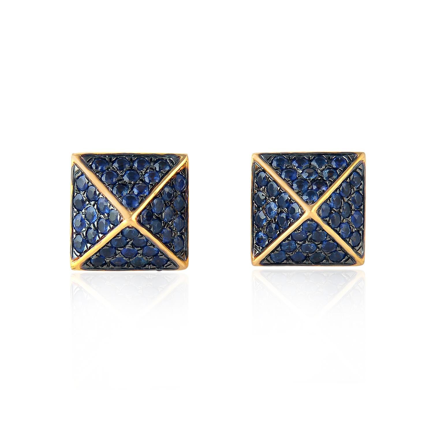 Square Cut Spike Blue Sapphire 18 Karat Gold Stud Earrings For Sale