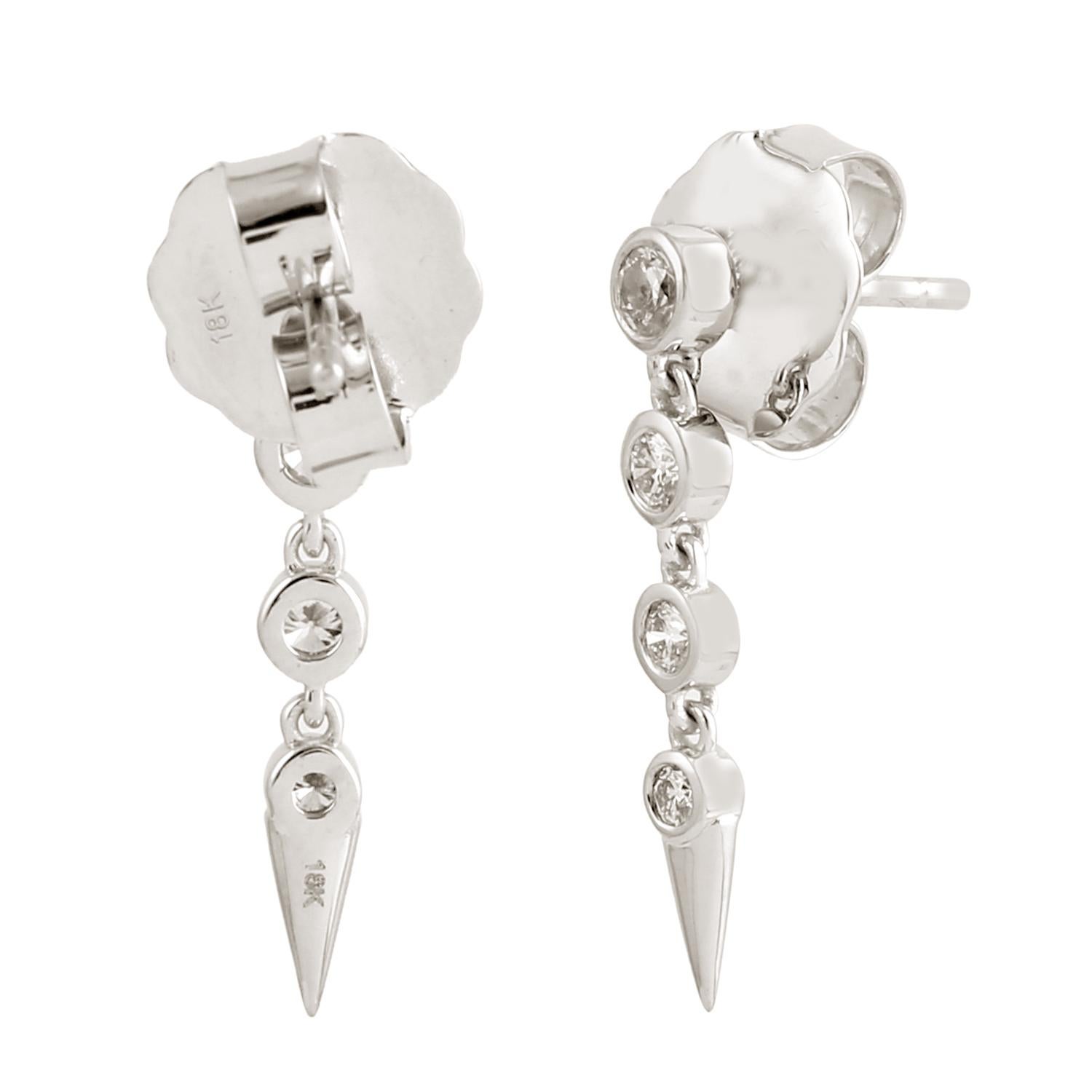Artisan Spike Design Dangle Earrings With Diamonds Made In 18K White Gold For Sale