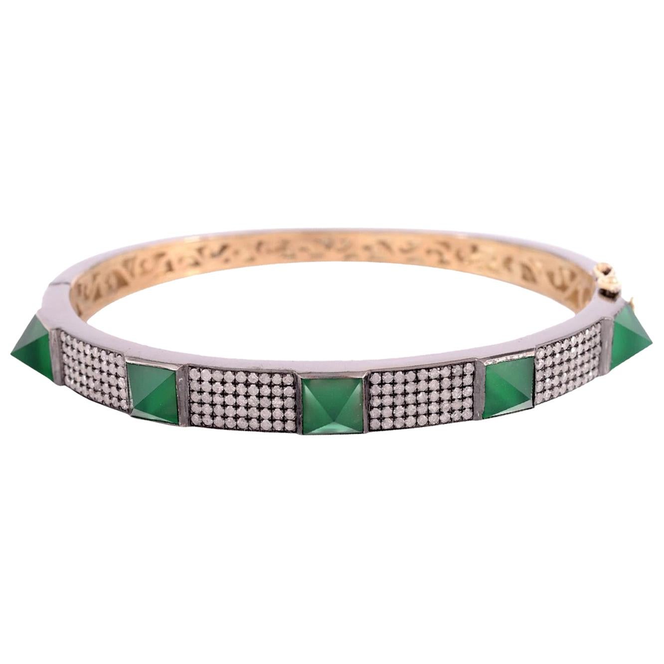 Spike Diamond Green Onyx Bangle Bracelet