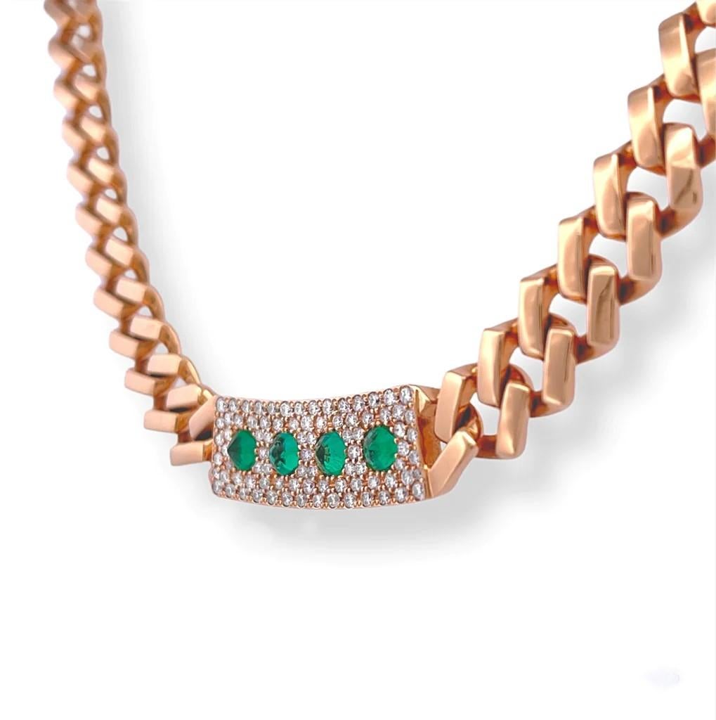 Modern Spiked Emerald and Diamond Plate Chain Link Necklace For Sale