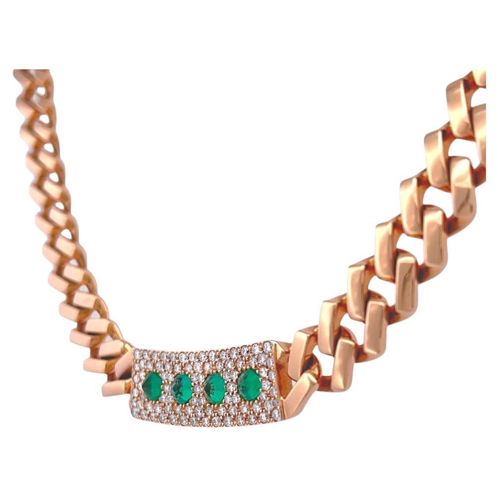 Emerald Cut Spiked Emerald and Diamond Plate Chain Link Necklace For Sale