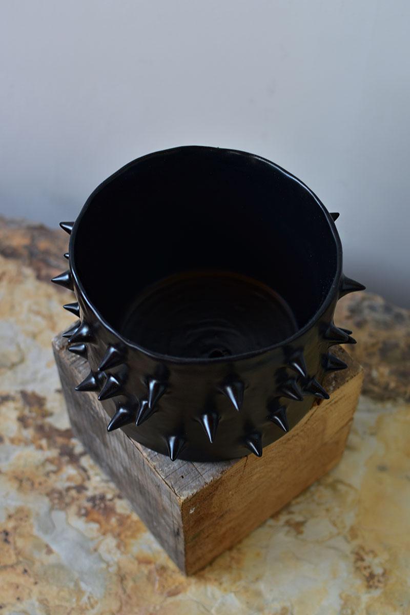 Argentine Spikes Black Ceramic Handmade Planter For Sale