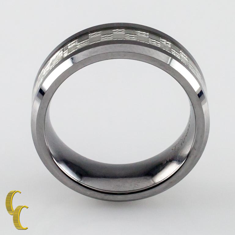 Modern Spikes-Tu Swiss Tungsten Ring with Checkerboard Design, Size 8.25 For Sale