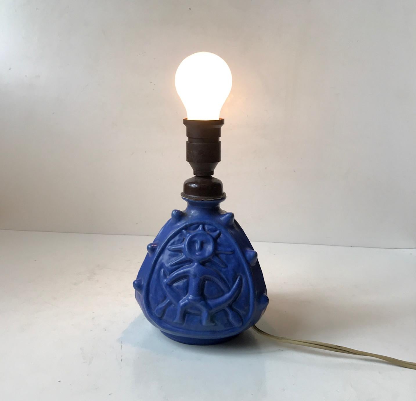 Spiky Blue Ceramic Table Lamp with Troll by Lauritz Hjorth, 1940s For Sale 2