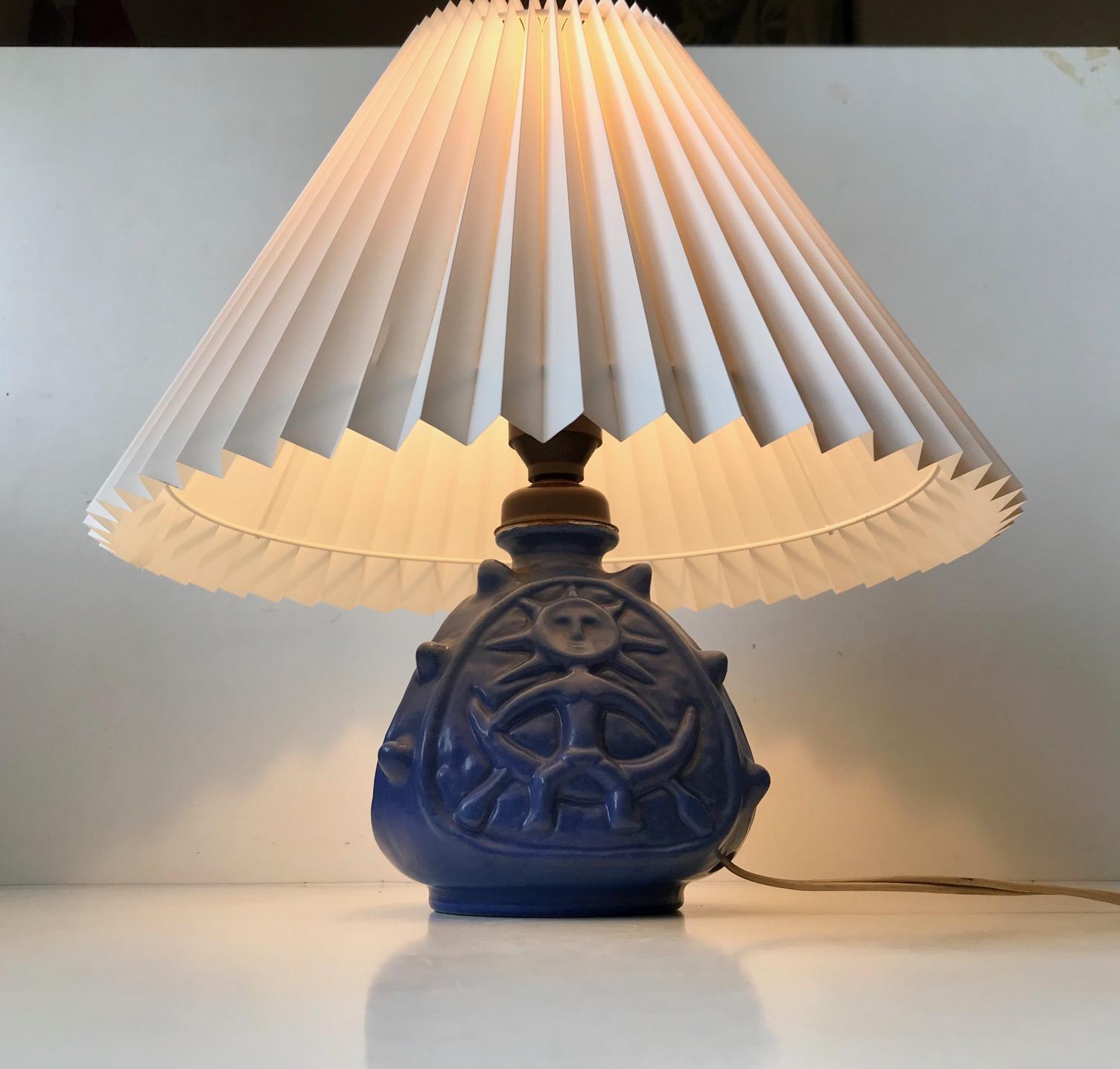 Mid-Century Modern Spiky Blue Ceramic Table Lamp with Troll by Lauritz Hjorth, 1940s For Sale