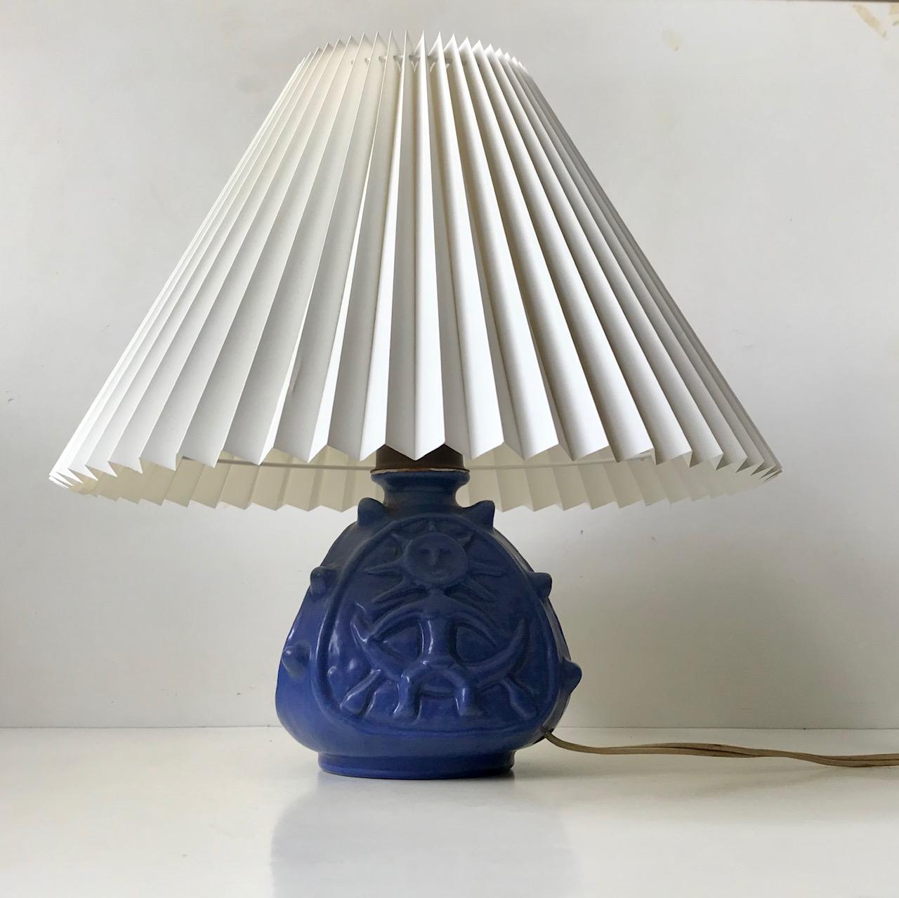 Glazed Spiky Blue Ceramic Table Lamp with Troll by Lauritz Hjorth, 1940s For Sale