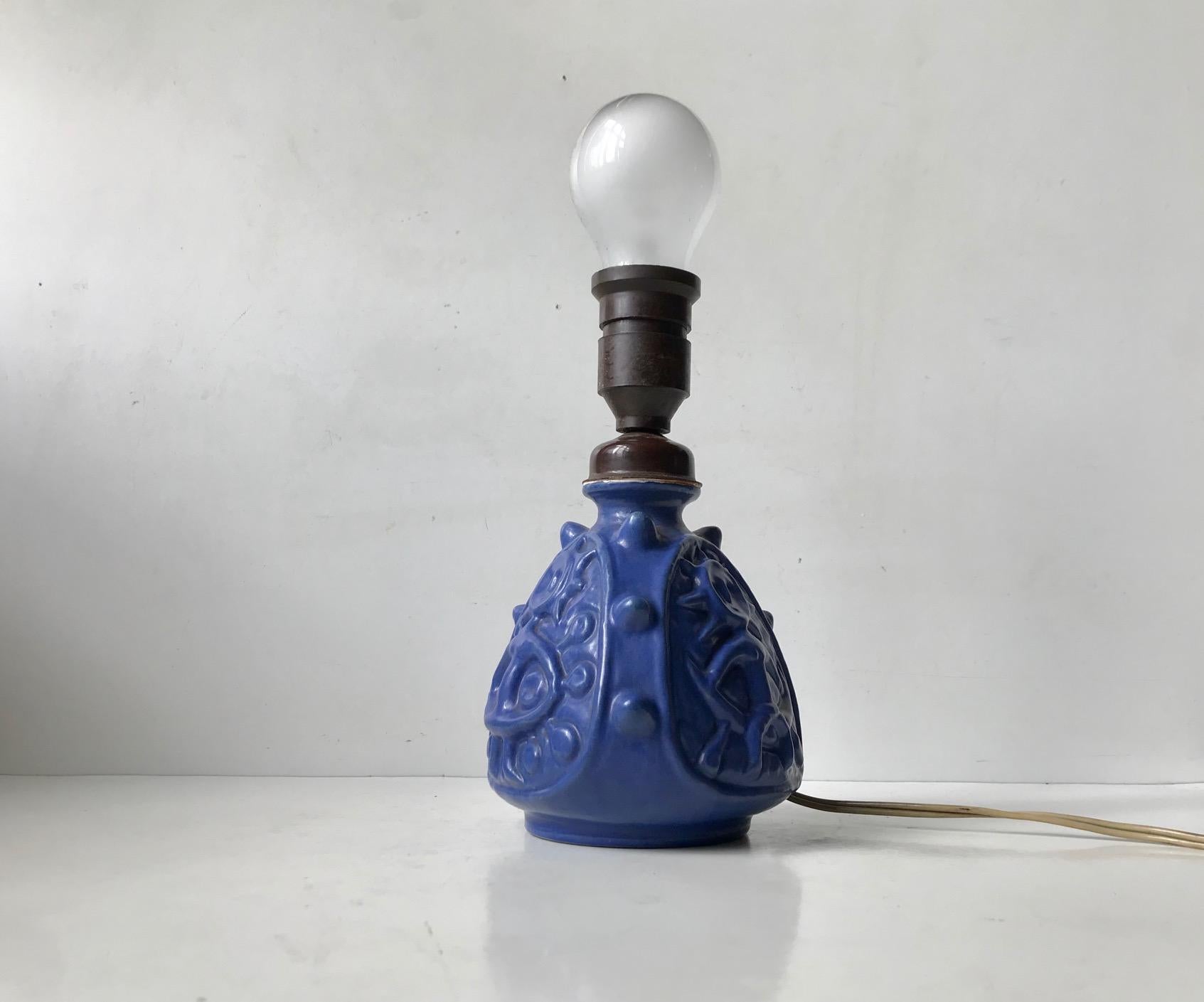 Mid-20th Century Spiky Blue Ceramic Table Lamp with Troll by Lauritz Hjorth, 1940s For Sale