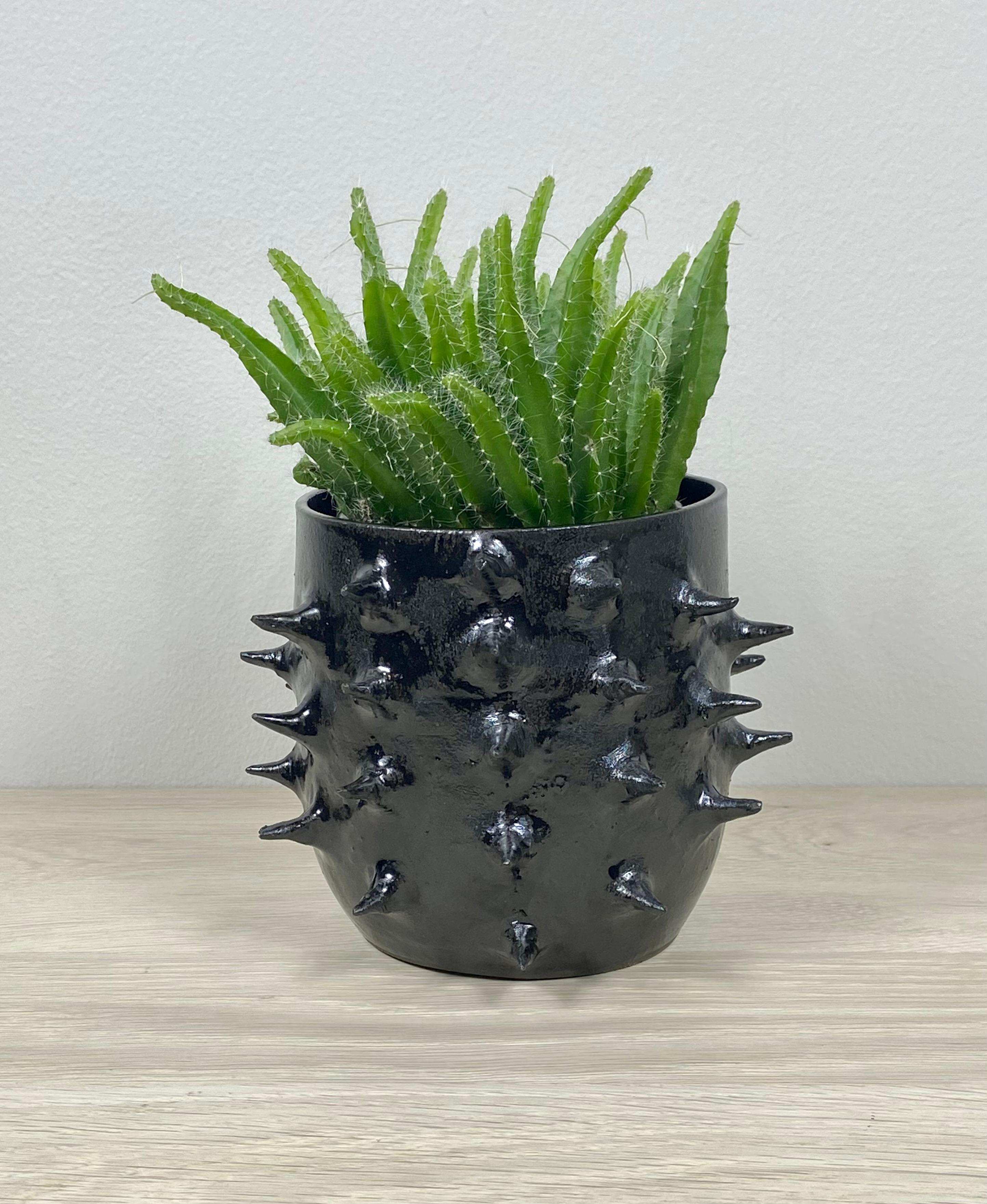 A striking hand-carved ceramic planter with spikes in a gunmetal metallic glaze. Each spike is hand carved and hand applied to the planter/bowl. Elevate your plants with this interesting piece. The spikes occupy about half of the surface of the