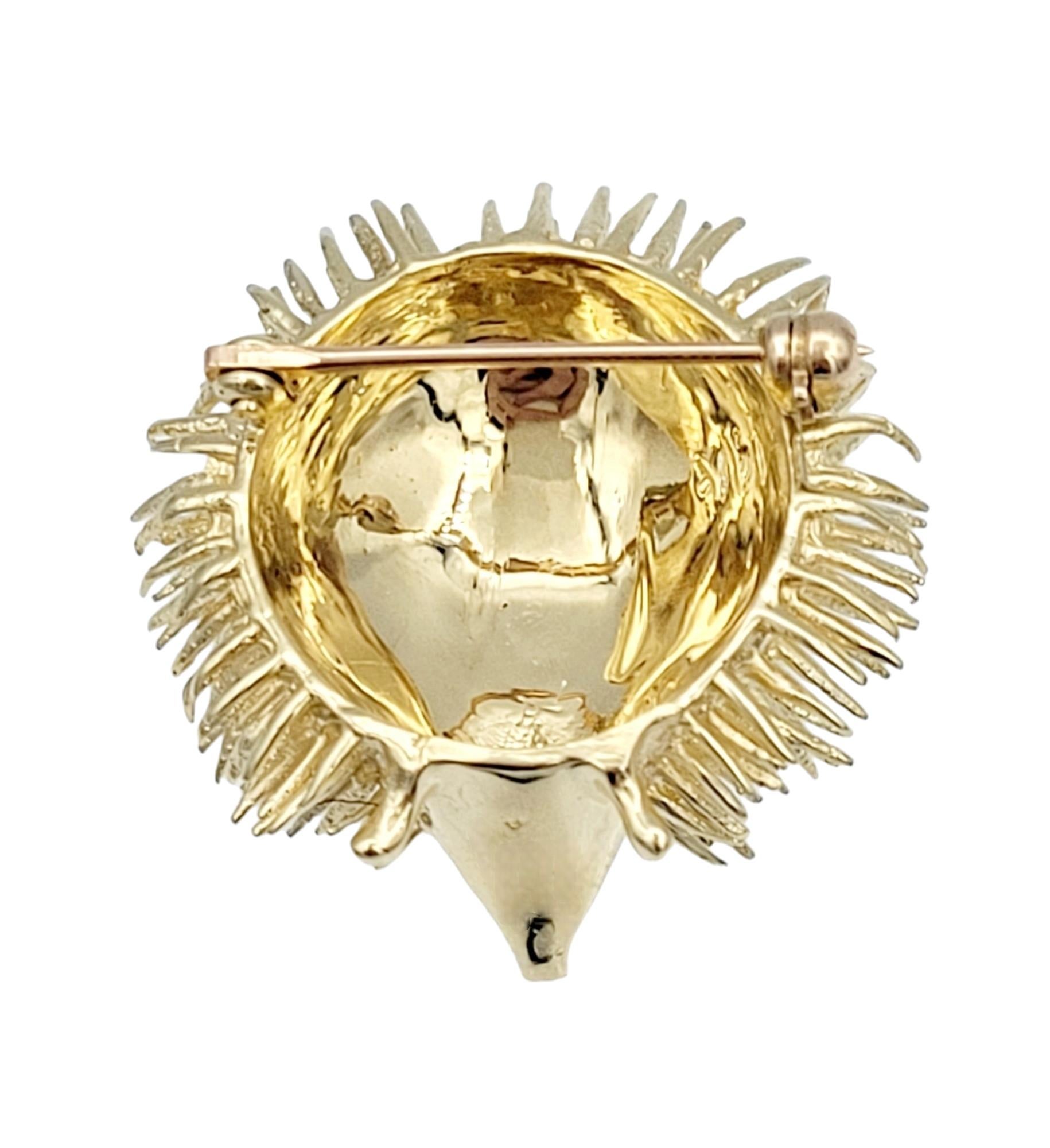 Spiky Round Hedgehog Brooch with Ruby Eyes Set in 14 Karat Yellow Gold In Good Condition For Sale In Scottsdale, AZ