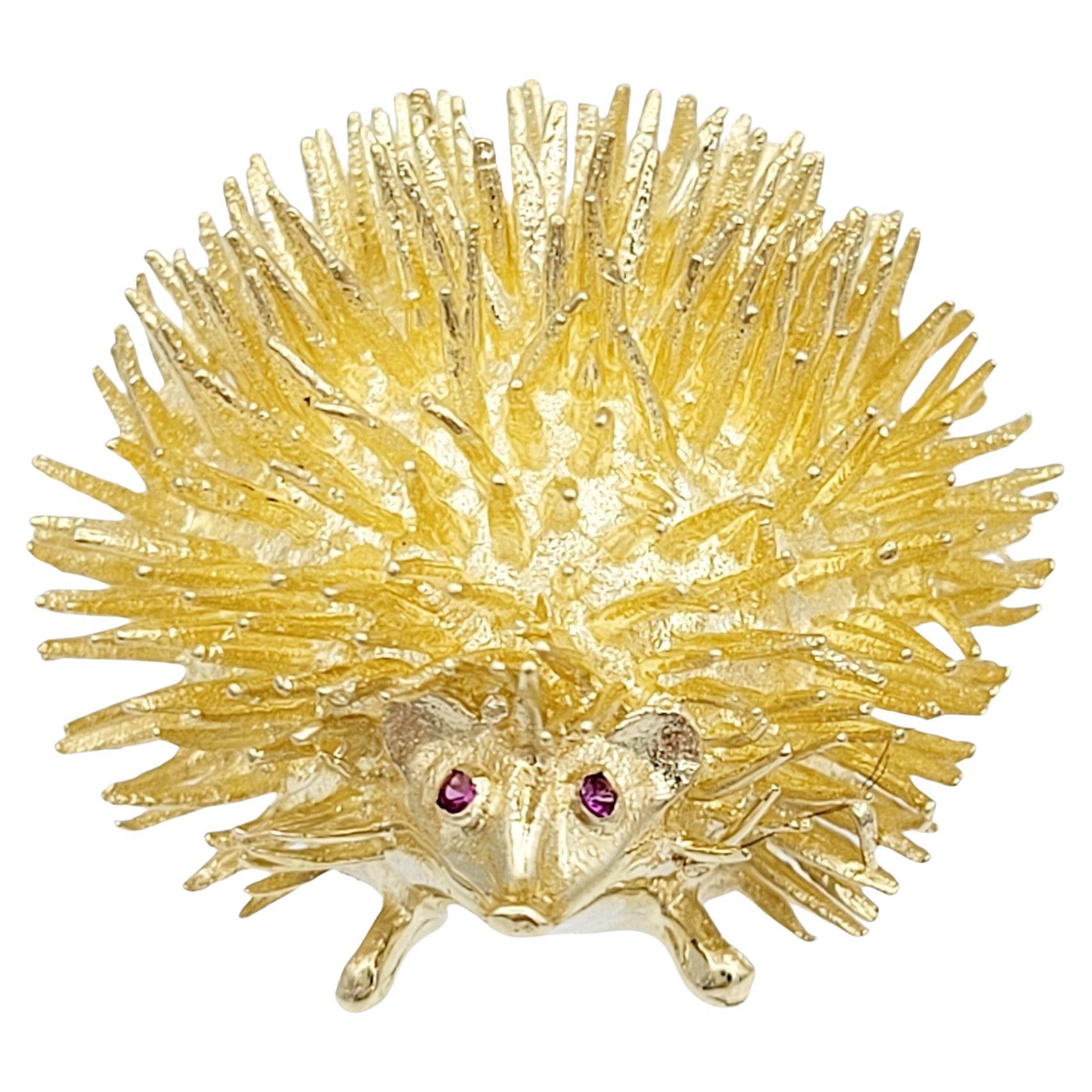Spiky Round Hedgehog Brooch with Ruby Eyes Set in 14 Karat Yellow Gold For Sale