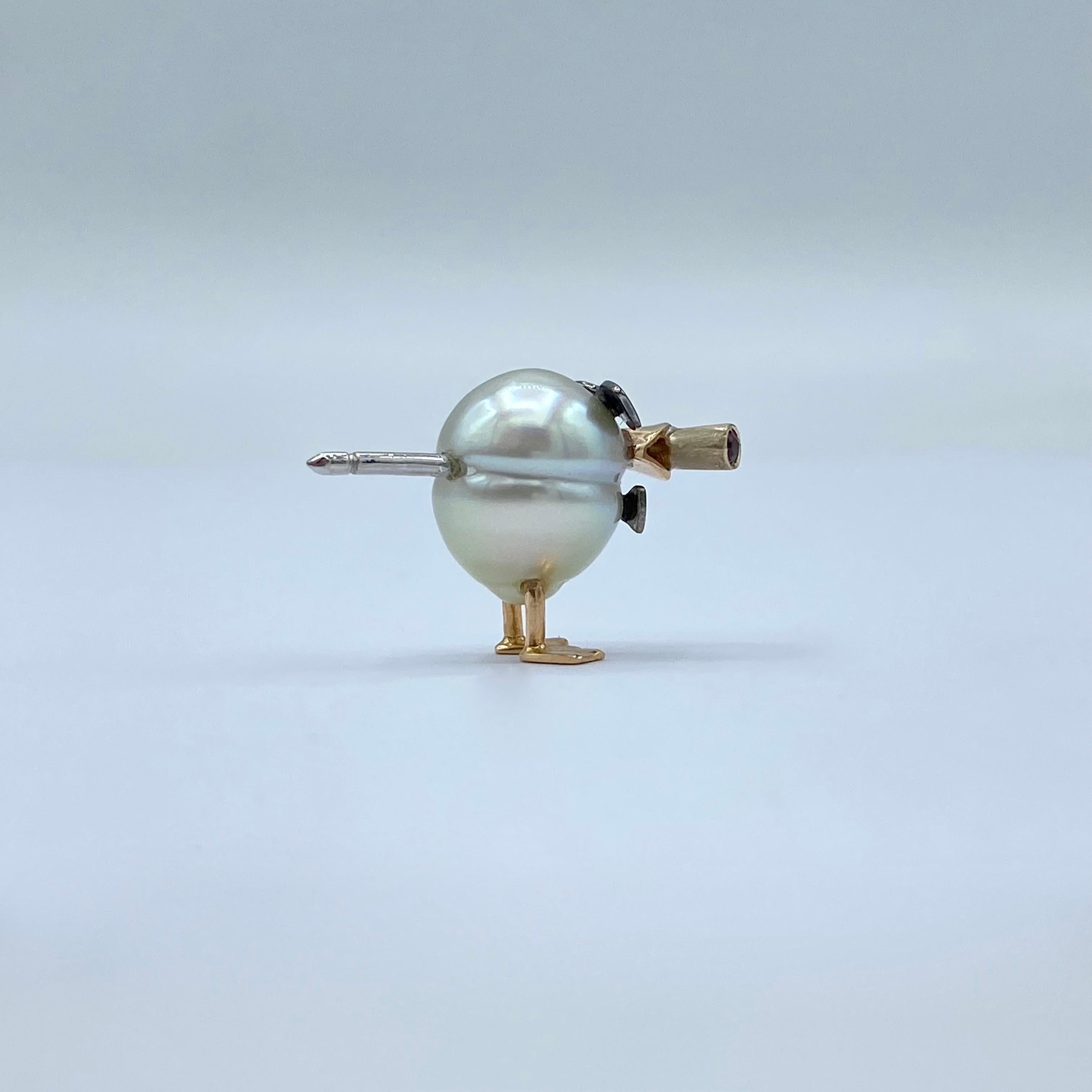 Duck jacket brooch cigar glasses and bow tie in 18Kt gold pearl and sapphire For Sale 3