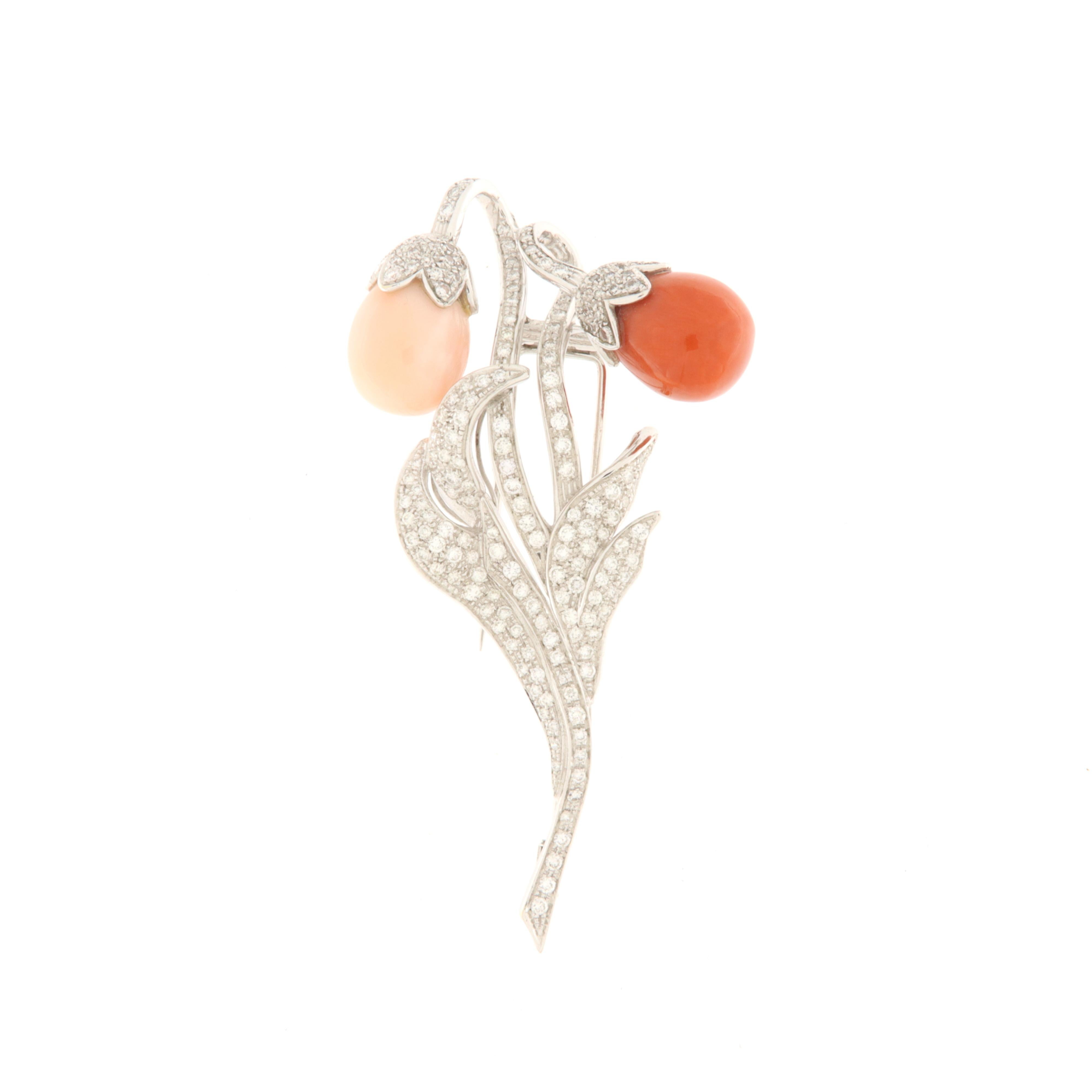 Round Cut Double bud flower brooch with white gold petals, diamonds and corals For Sale