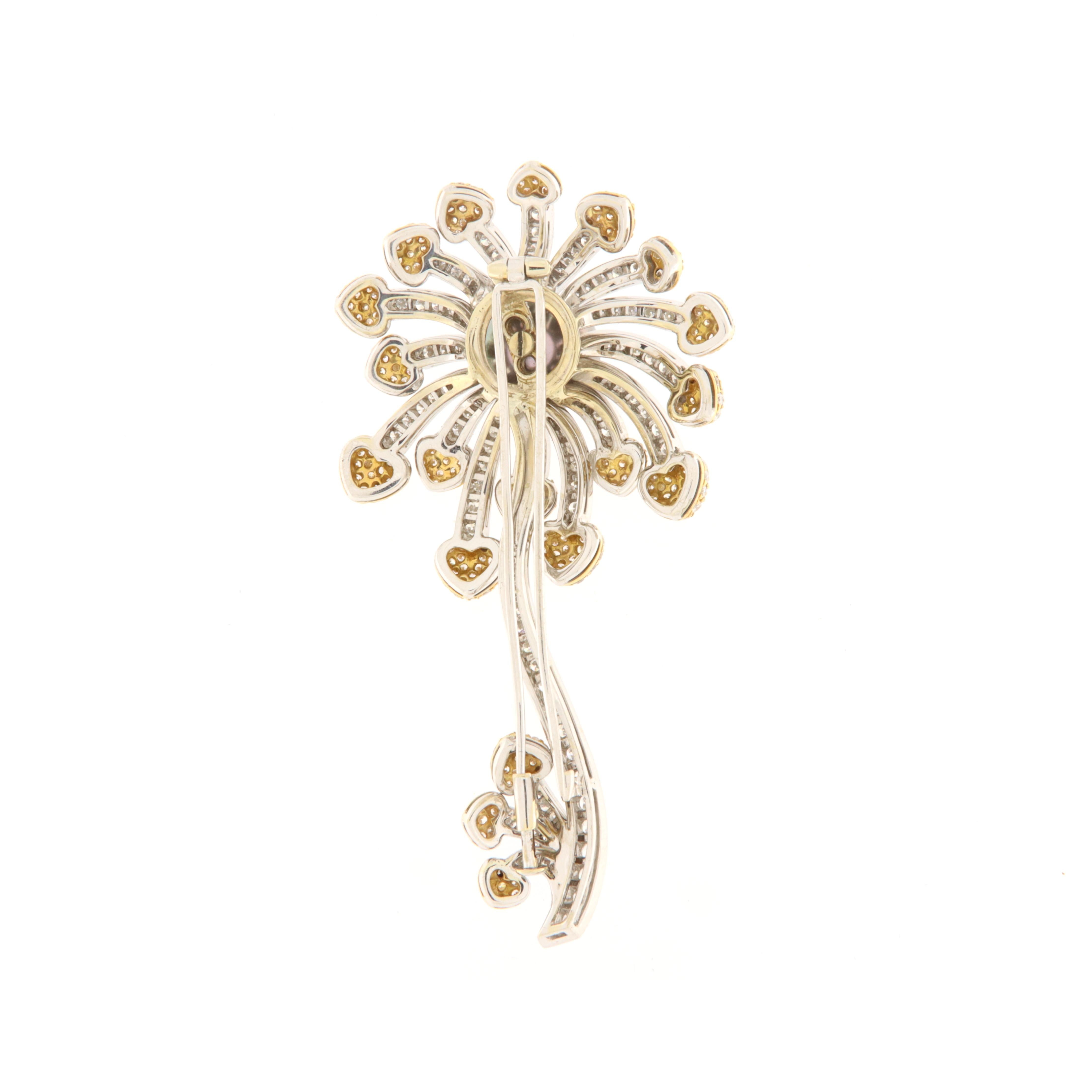 Art Deco Brilliant white gold flower brooch and Tahiti pearl For Sale