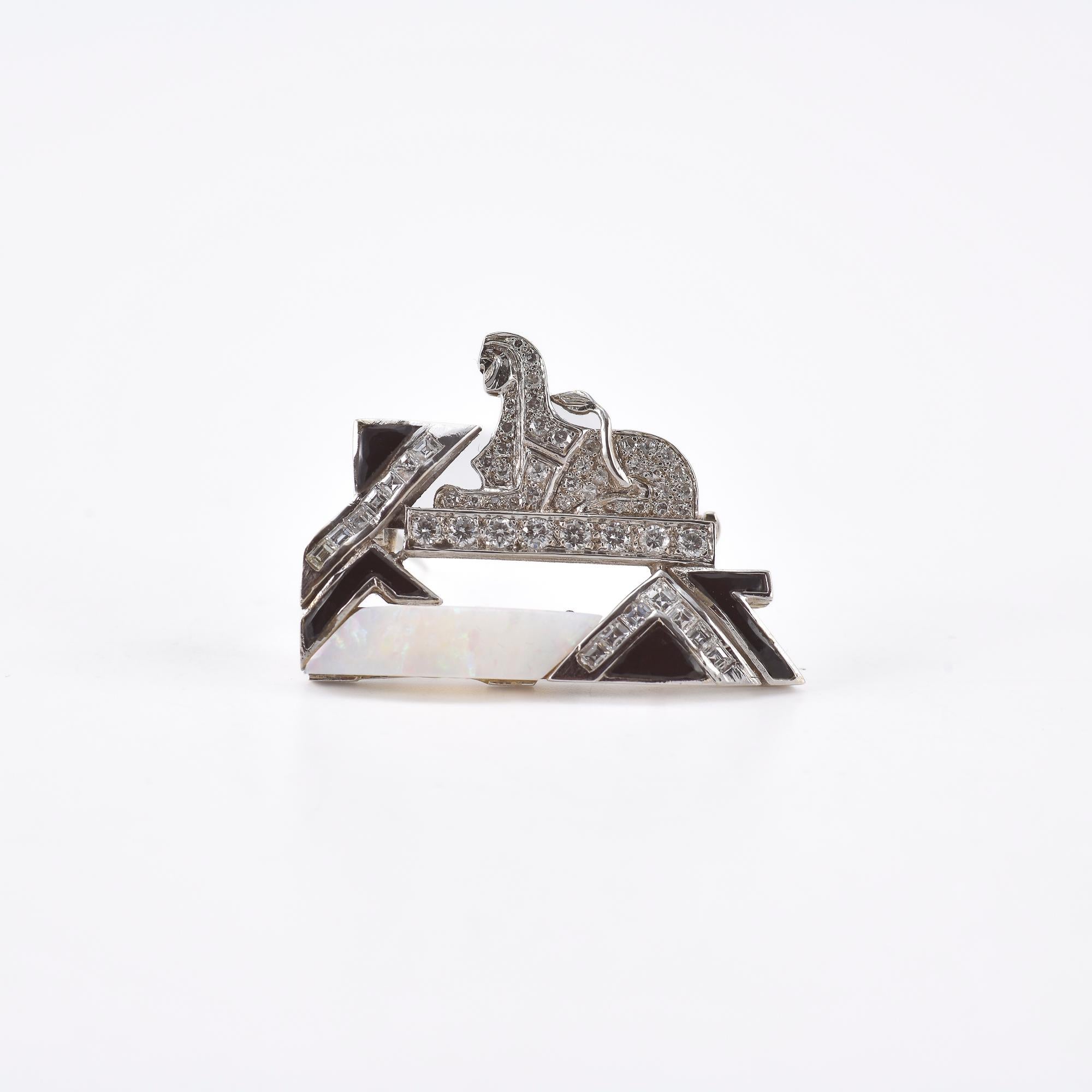 Weißgoldbrosche mit Diamanten, schwarzem Onyx und edlem Opal im Angebot 4