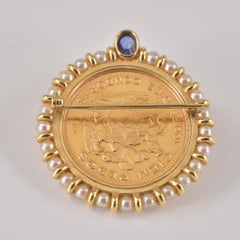 Gold brooch with 100 pesos Chile coin with Sapphire and freshwater pearls