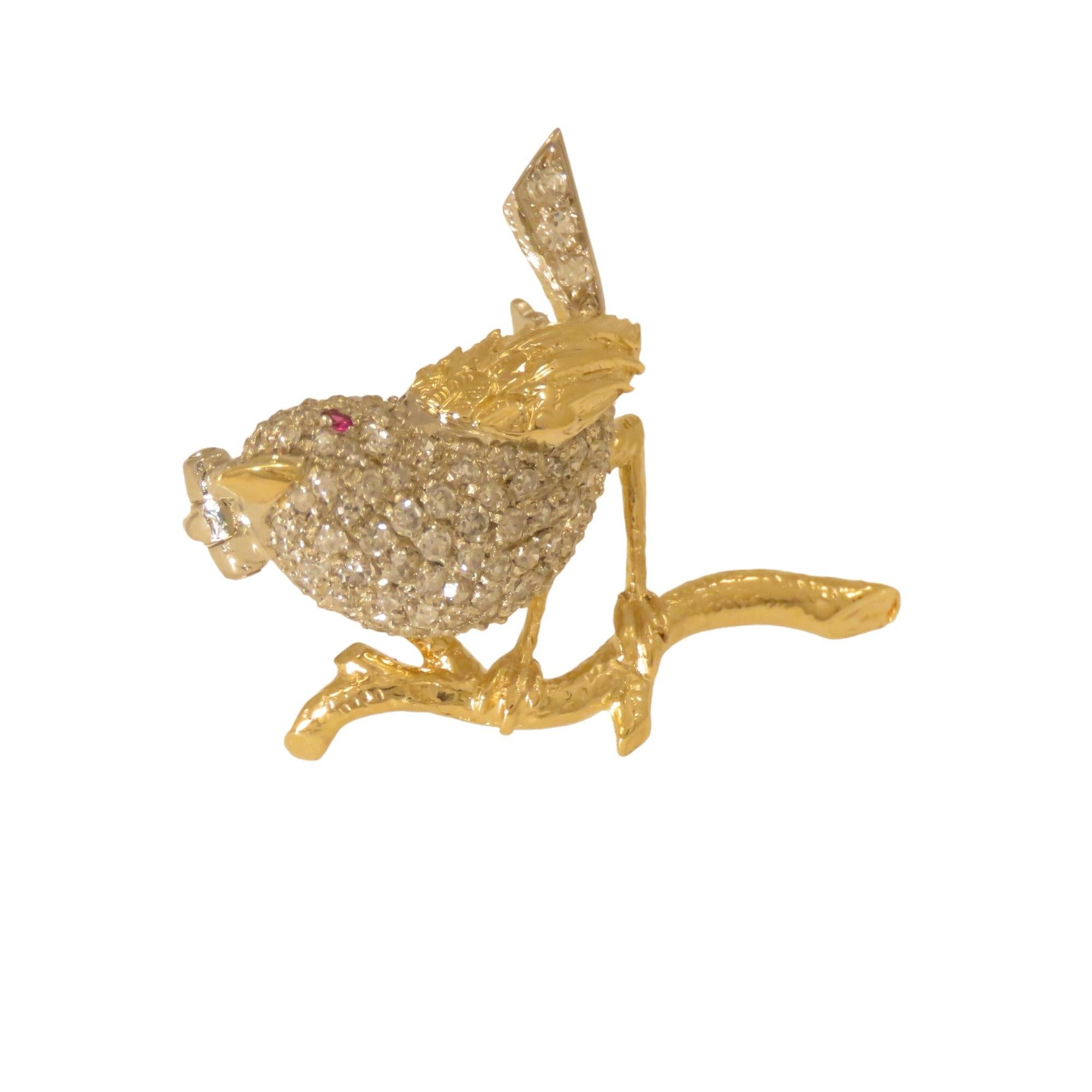 Retro Gold and Diamond Brooch in the Shape of a Bird