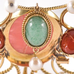 Spilla in oro giallo 18k con Perle, Rodocrosite, Corniole, Avventurina e Granati