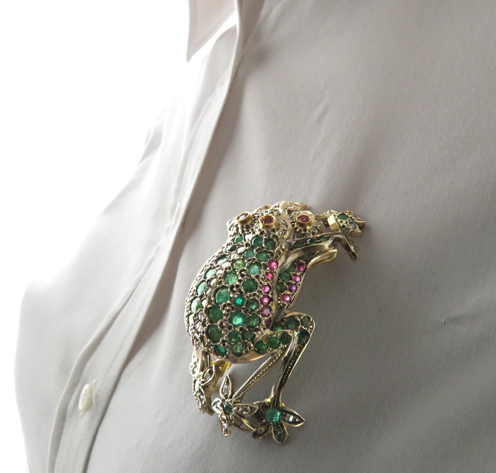 Retro Yellow Gold and Silver Brooch with Emeralds Diamonds and Rubies 1920 For Sale