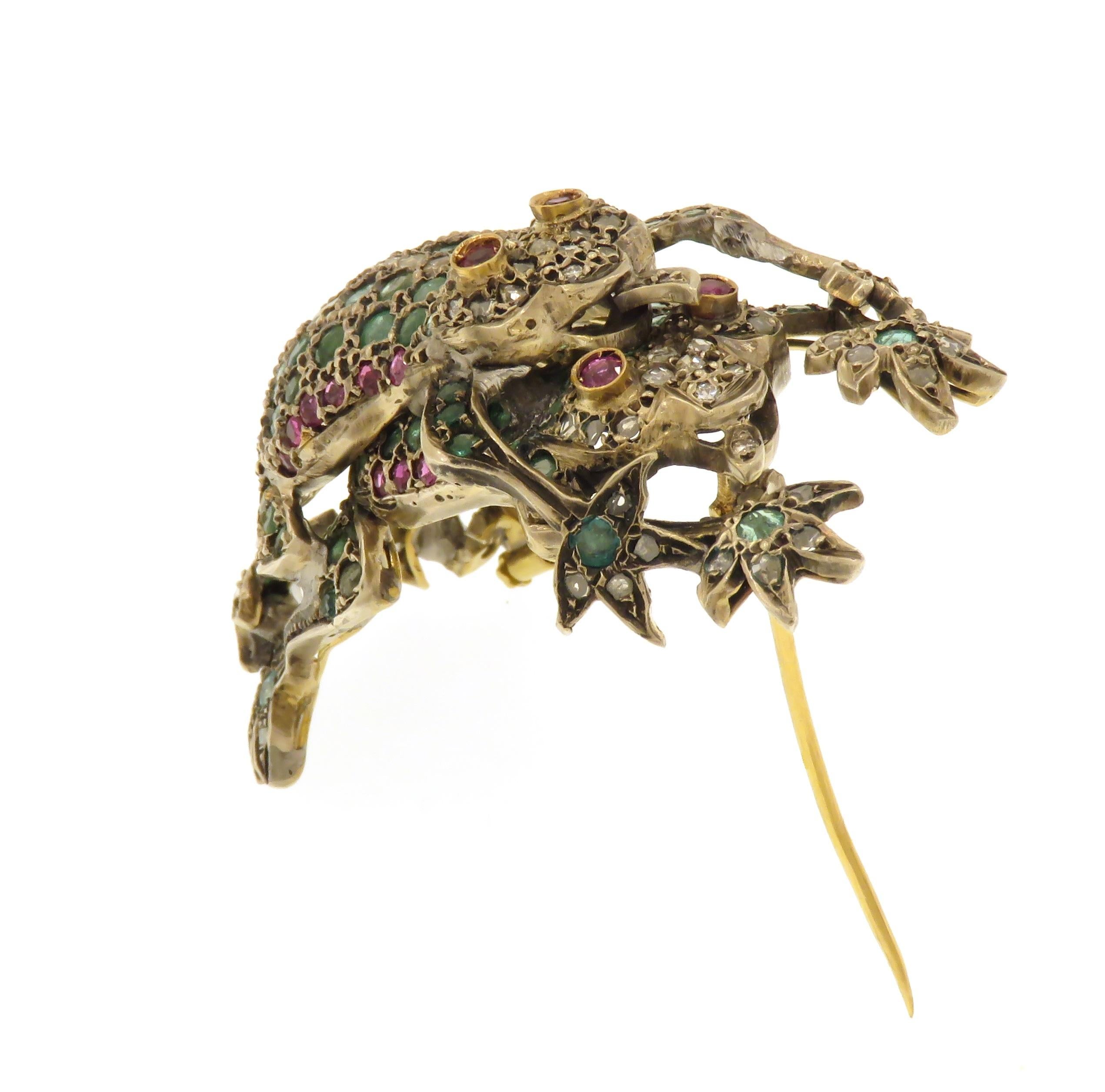 Yellow Gold and Silver Brooch with Emeralds Diamonds and Rubies 1920 For Sale 1