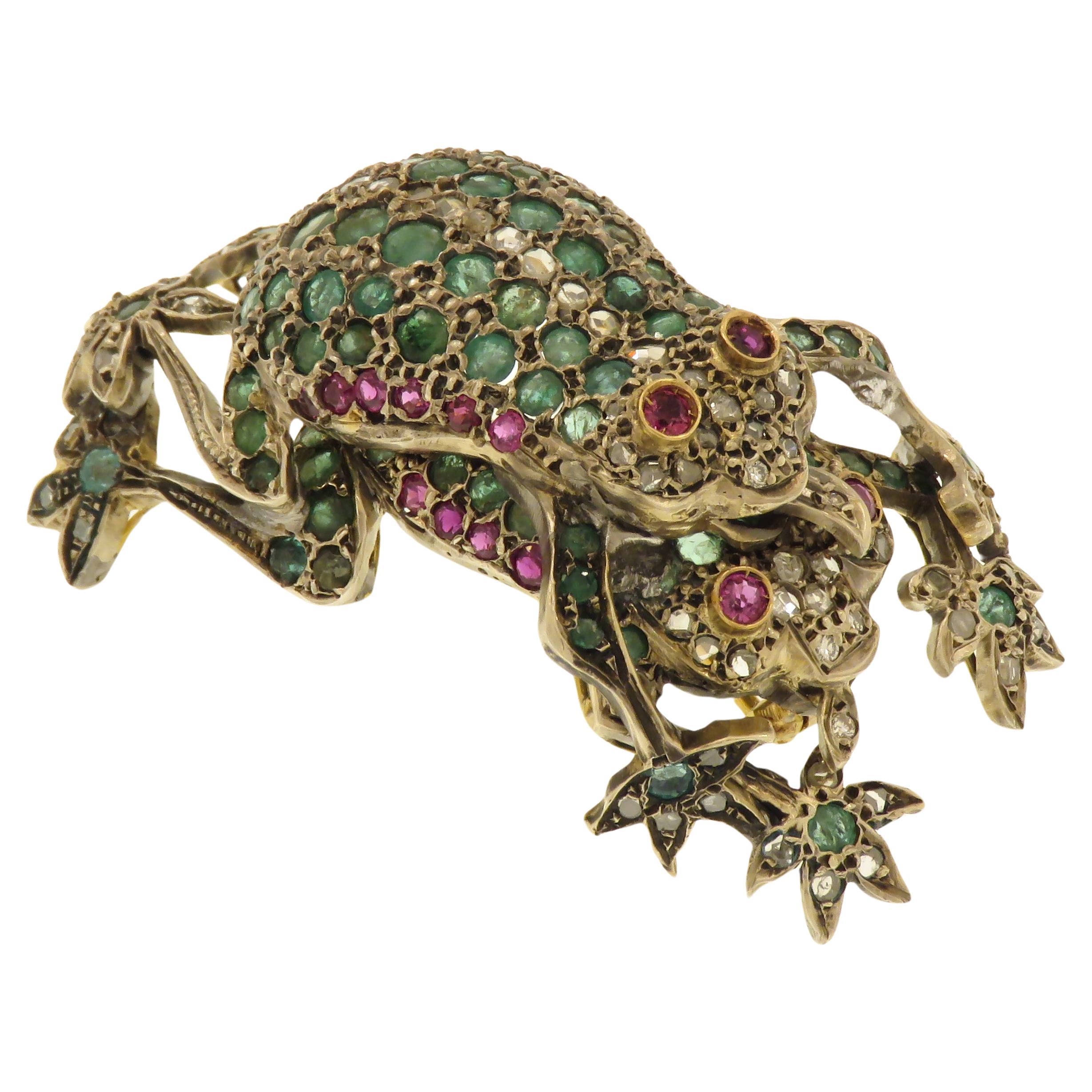 Yellow Gold and Silver Brooch with Emeralds Diamonds and Rubies 1920 For Sale