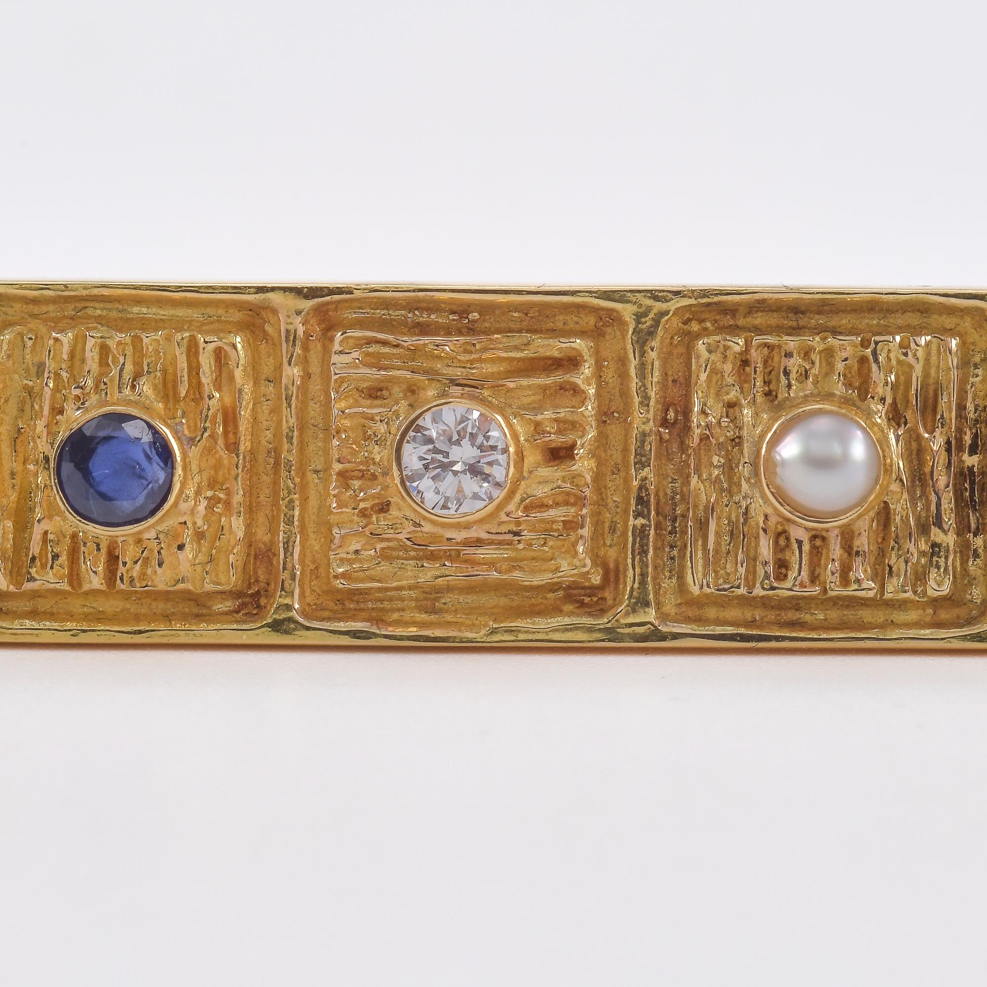 Spilla in oro giallo Zaffiro, Smeraldo, Diamante e Microperle. in vendita 4