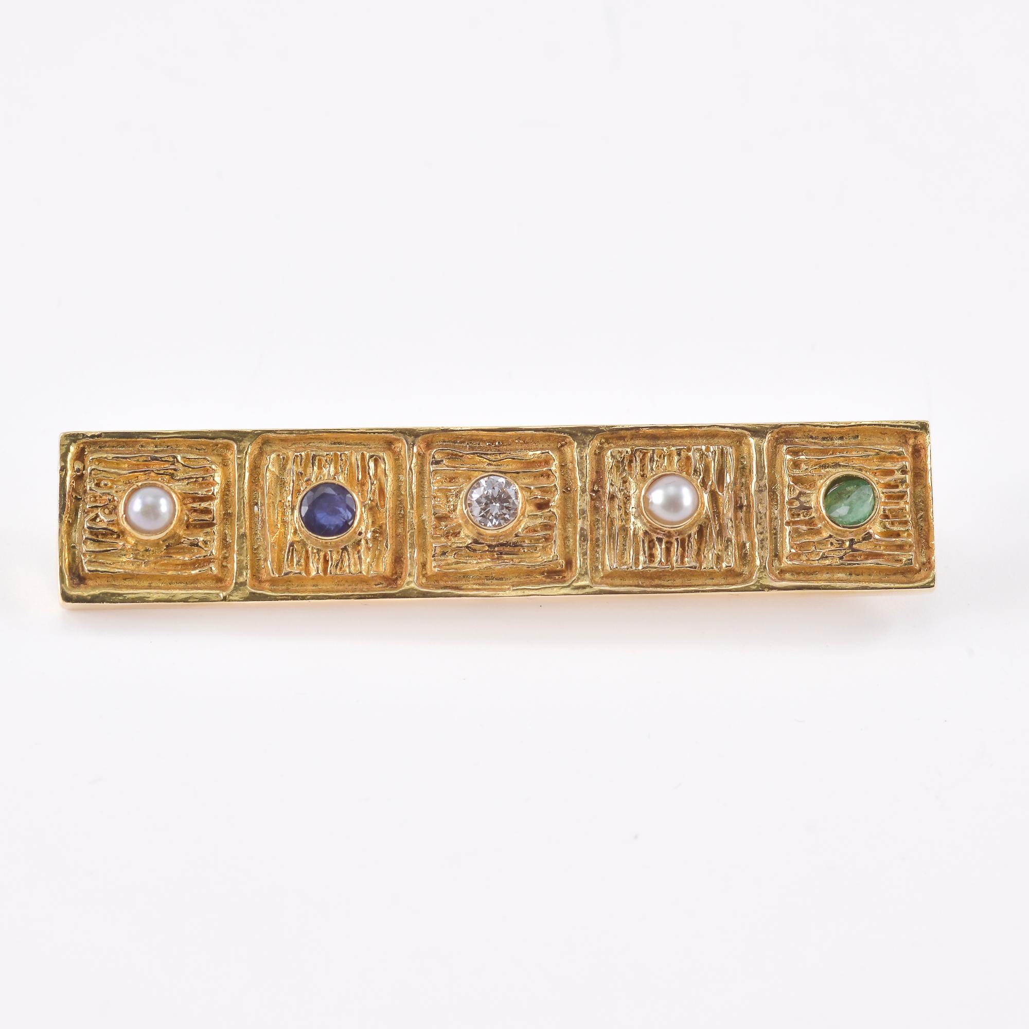 da uomo o donna Spilla in oro giallo Zaffiro, Smeraldo, Diamante e Microperle. in vendita