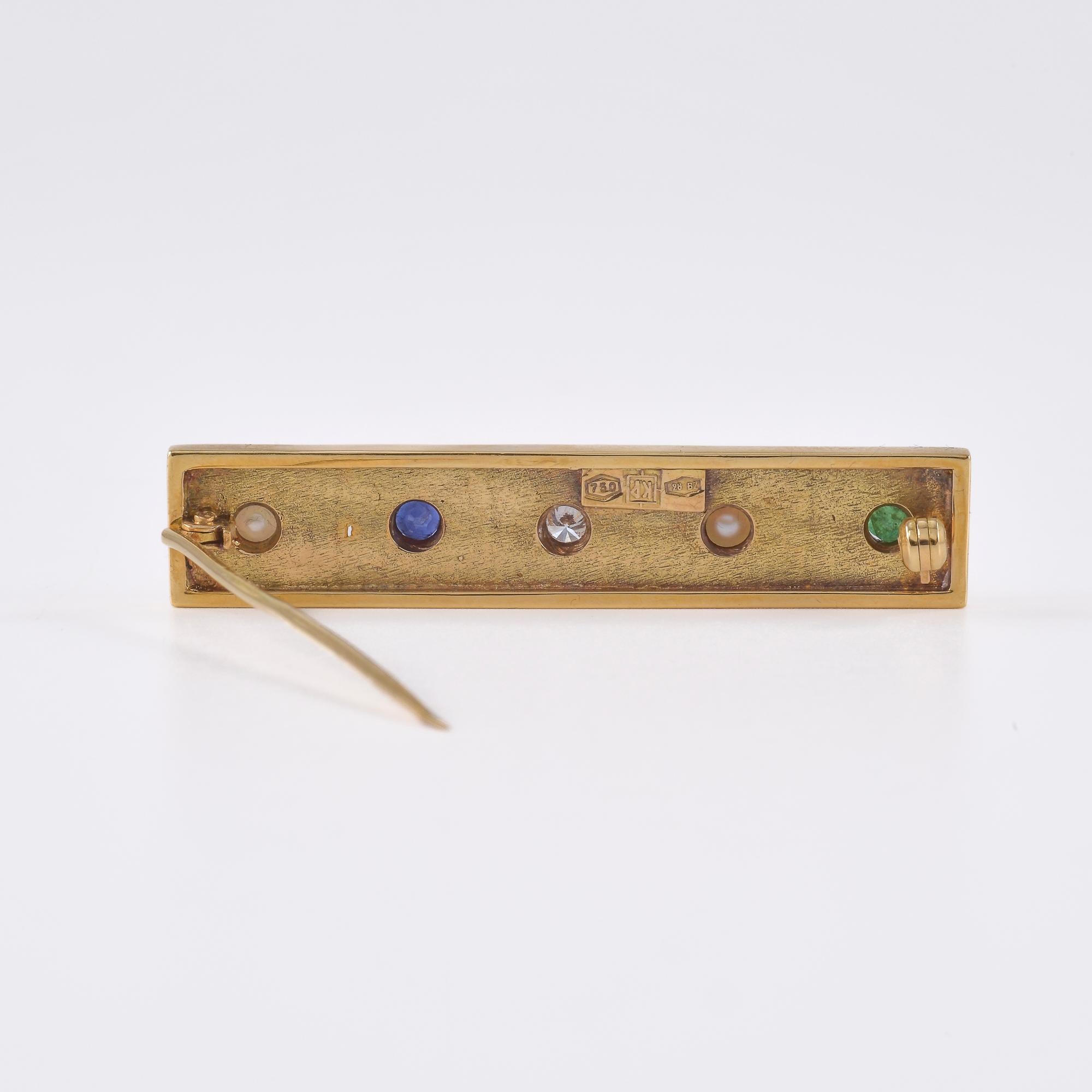 Spilla in oro giallo Zaffiro, Smeraldo, Diamante e Microperle. in vendita 3