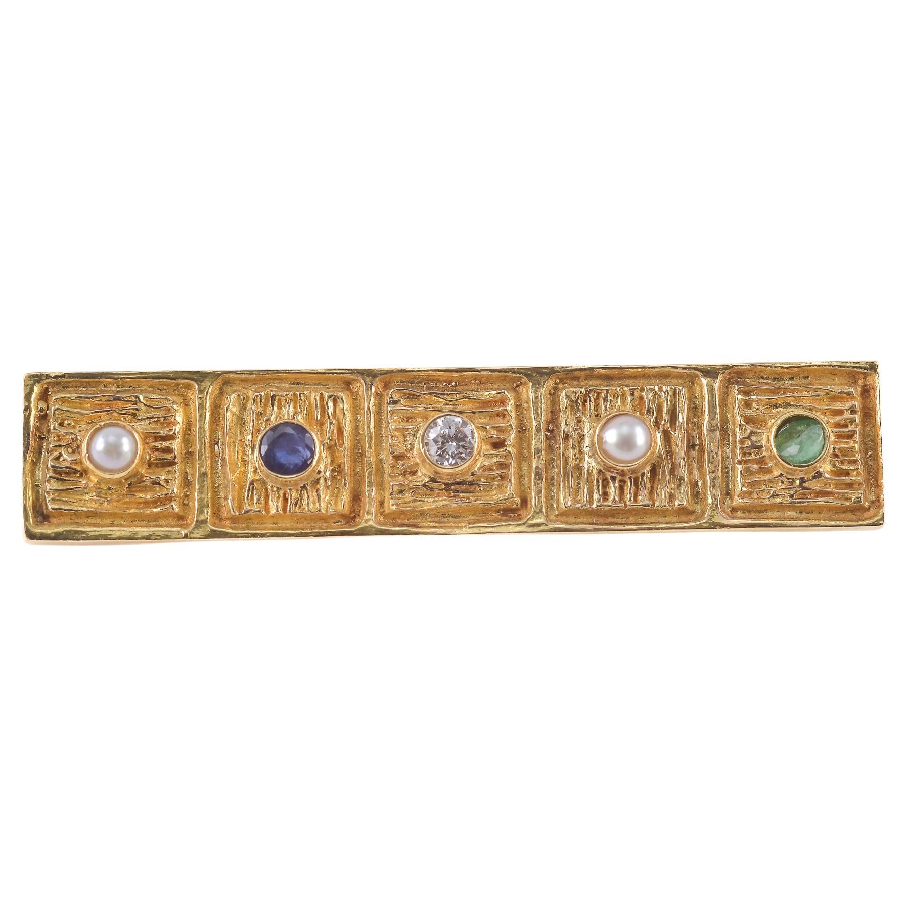 Spilla in oro giallo Zaffiro, Smeraldo, Diamante e Microperle. in vendita