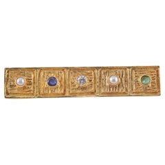 Spilla in oro giallo Zaffiro, Smeraldo, Diamante e Microperle.