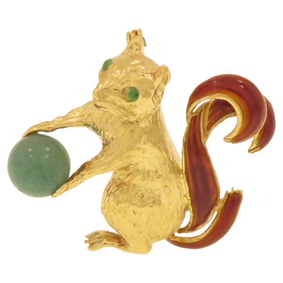 Gold squirrel brooch with enamel For Sale