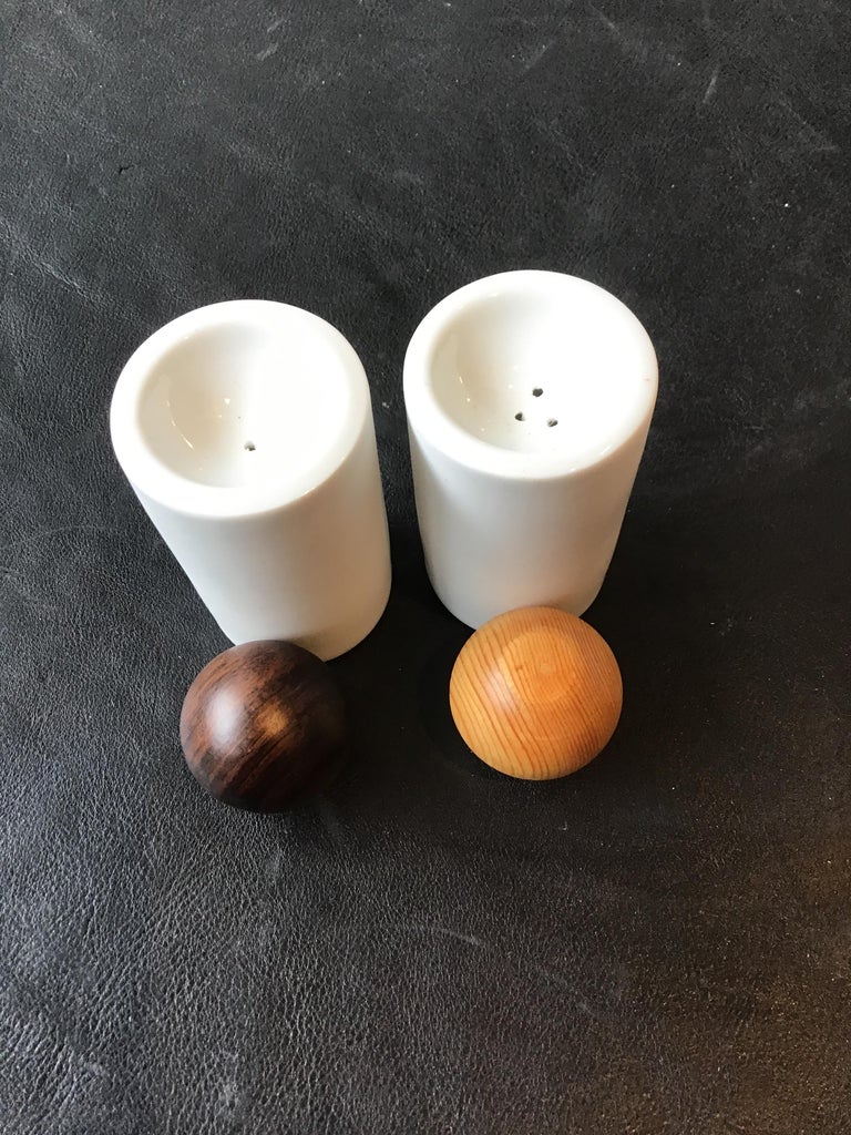 Spin Ceramics Salt and Pepper, Set with Wood Tops For Sale at 1stDibs
