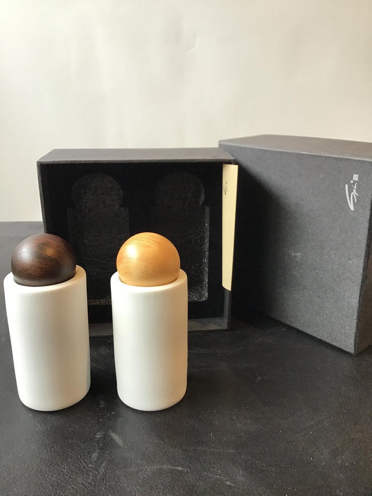 Spin Ceramics Salt and Pepper, Set with Wood Tops For Sale at 1stDibs