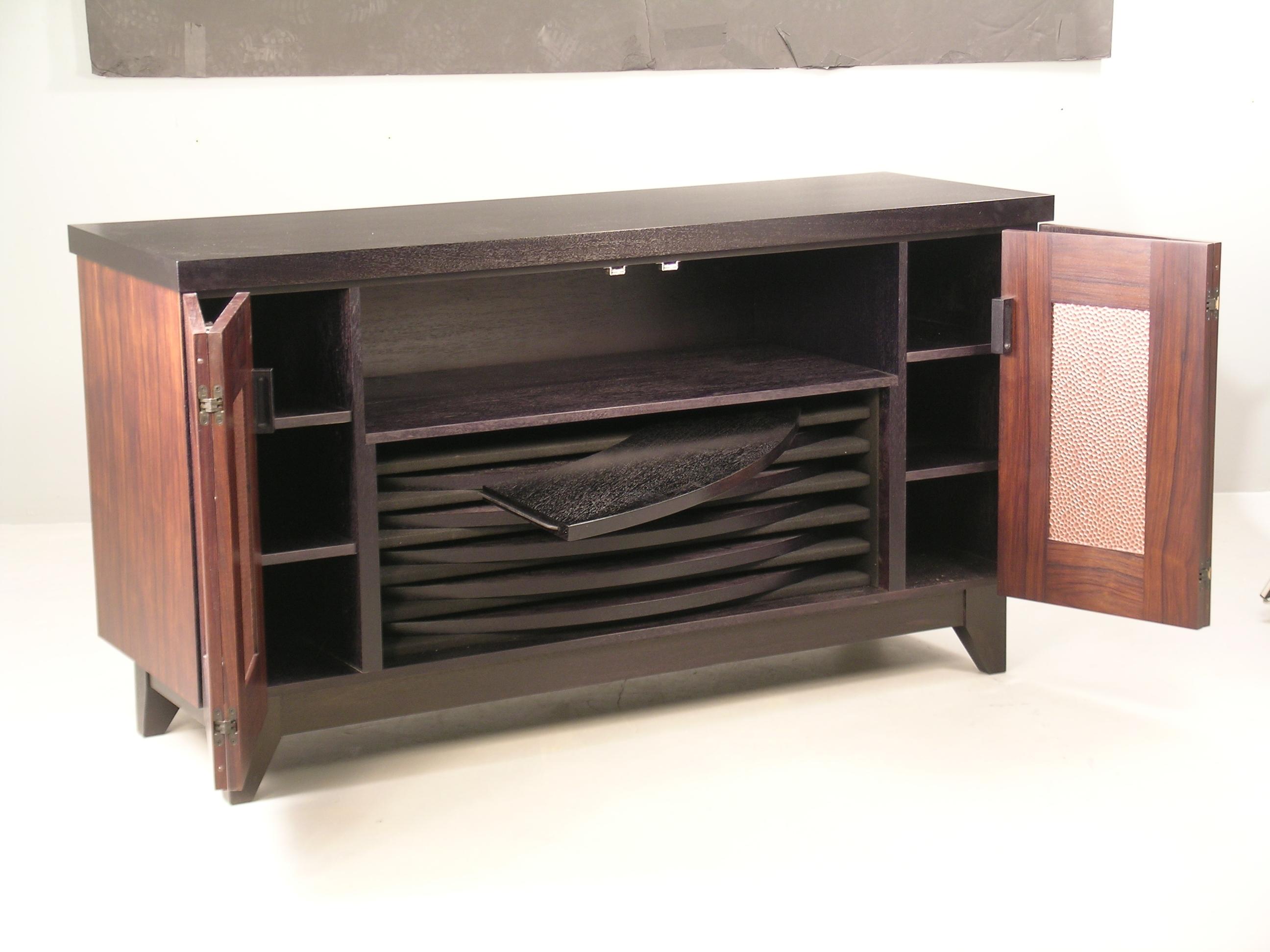 Modern Spin Dining Table with Expandable Perimeter Leaves, Rosewood with Black Details For Sale