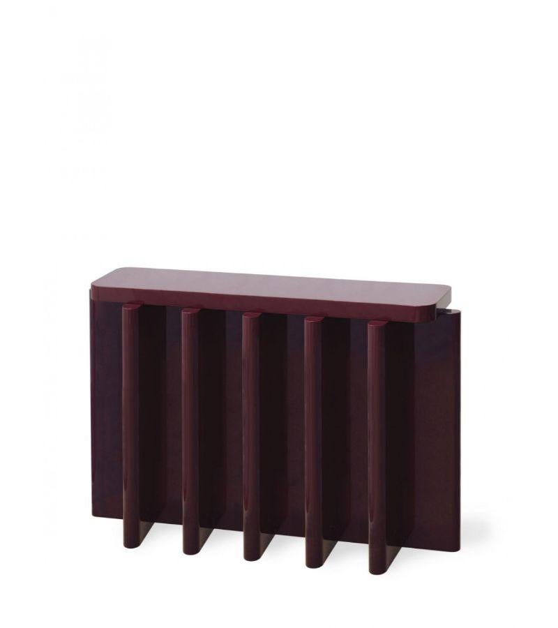 Spina C5.1 console table by Cara Davide
Dimensions: D 130 x W 35 x H 80 cm 
Materials: Solid Nut wood, Lacquered MDF. 
Also available in colors: Bordeaux, Caramel, dusty red, off-white, and natural wood.


Spina is a collection of lacquered