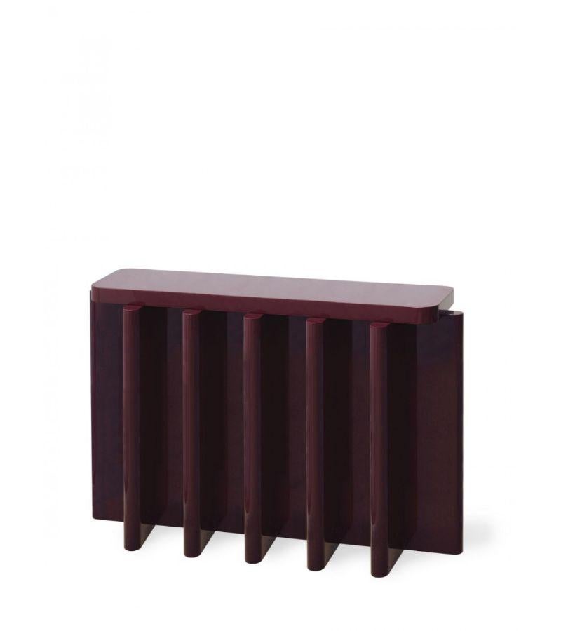 Rustic Bordeaux Red Solid Wood Spina C5.1 Wooden Console Table by Cara Davide
Dimensions: D 130 x W 35 x H 80 cm 
Materials: Solid Nut wood, Lacquered MDF. 
Also available in colors: Bordeaux, Caramel, dusty red, off-white, and natural wood.
Both