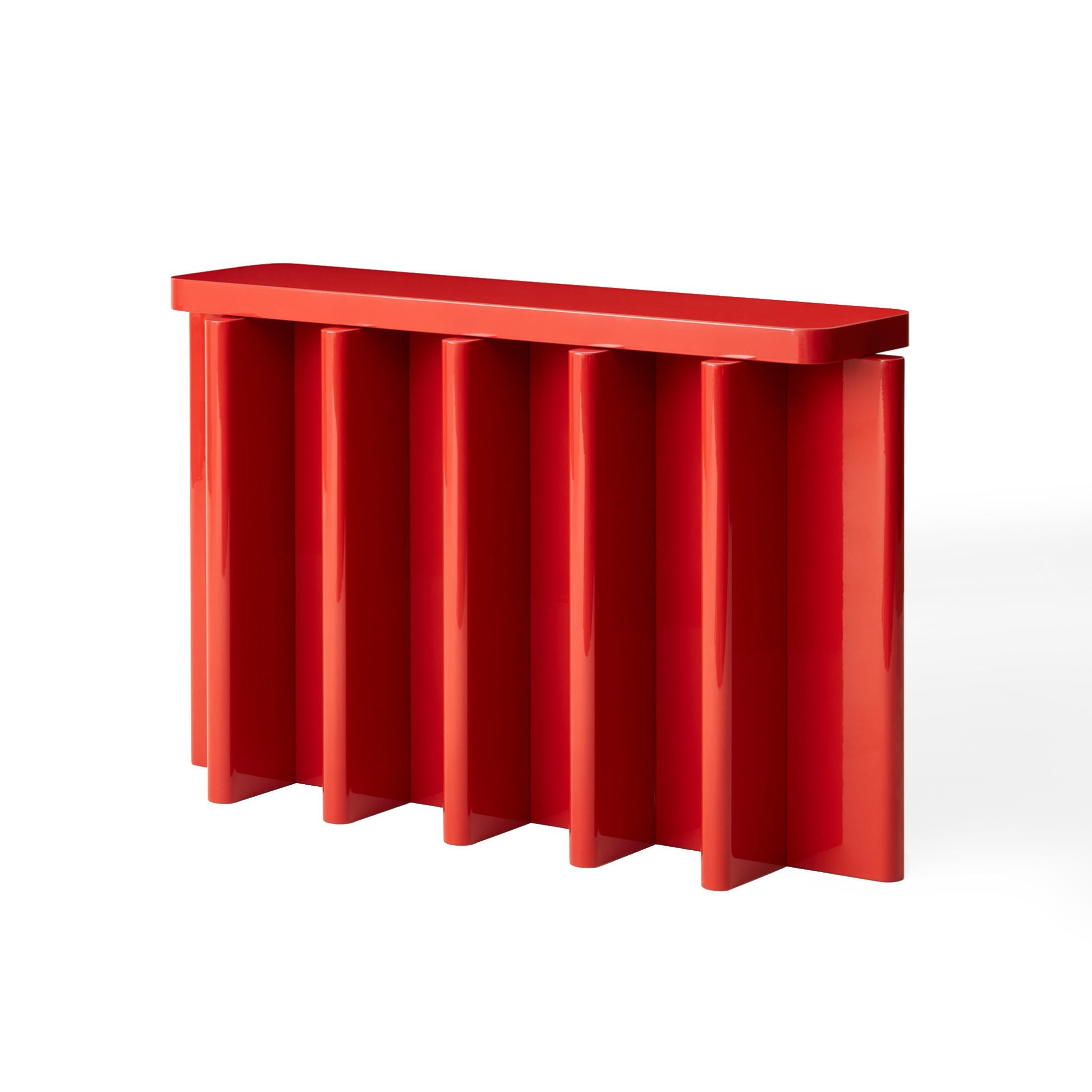Lacquer Spina Console in Lac Wood Dustyred 5 Edit by Portego For Sale
