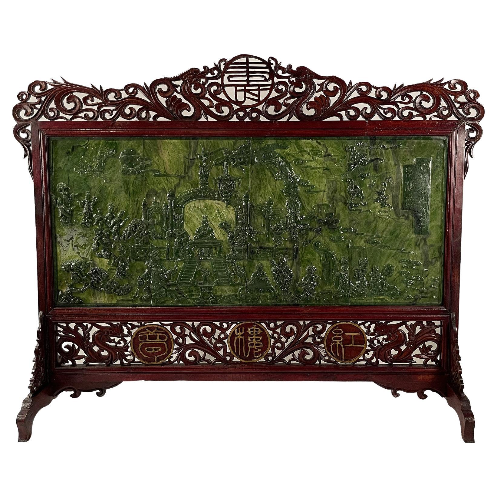 Spinach Jade Four Panel Carved Screen For Sale